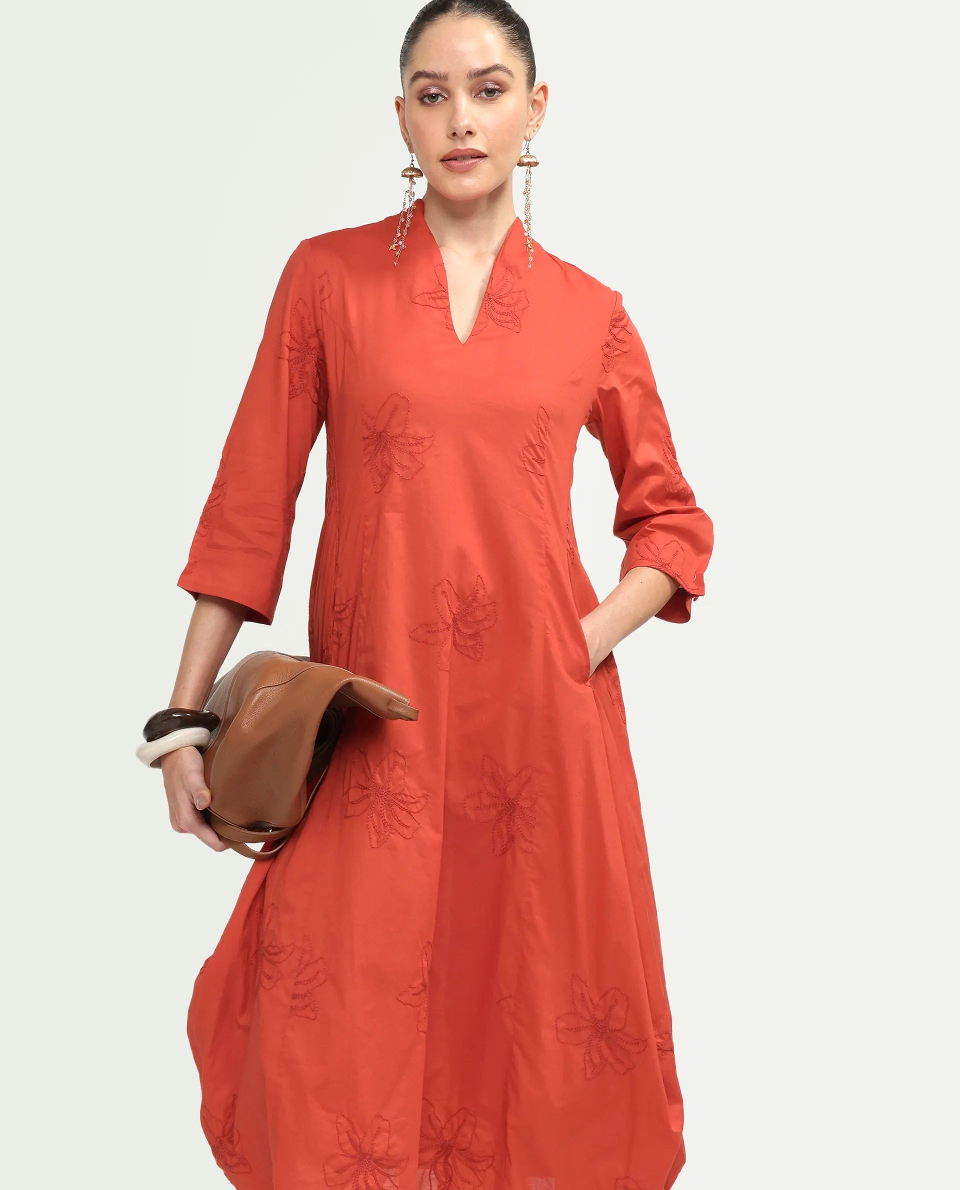 Rareism Women's Marky Rust Cotton 3/4Th Sleeve V-Neck Relaxed Embroidered Dress