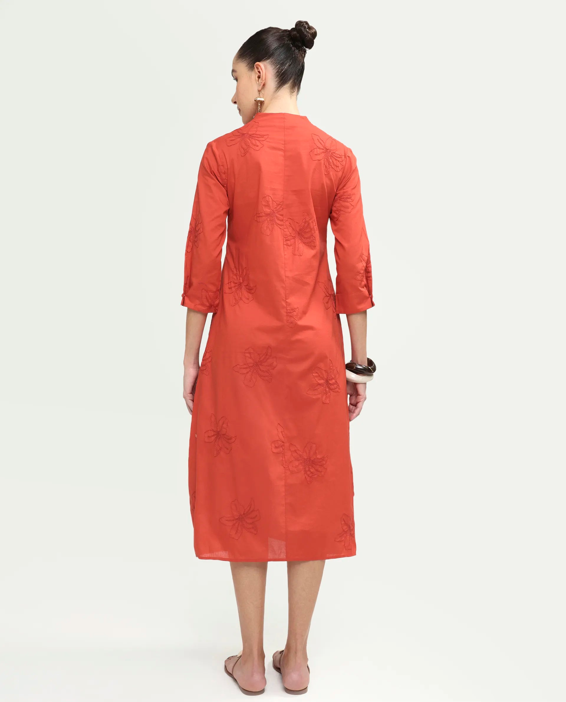 Rareism Women's Marky Rust Cotton 3/4Th Sleeve V-Neck Relaxed Embroidered Dress