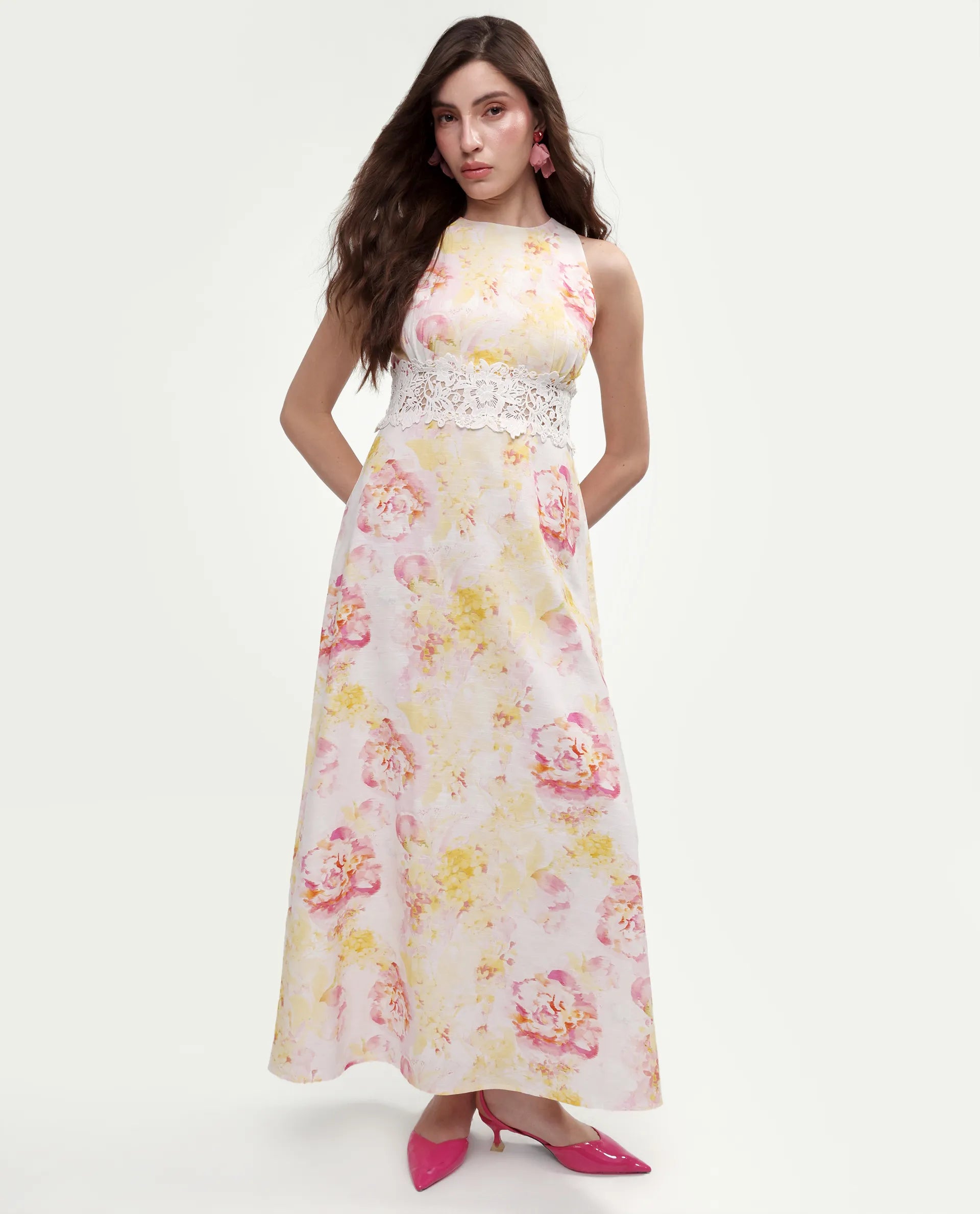 Rareism Women's Mavi Multi Cotton Sleeveless Crew Neck A-Line Floral Print Dress