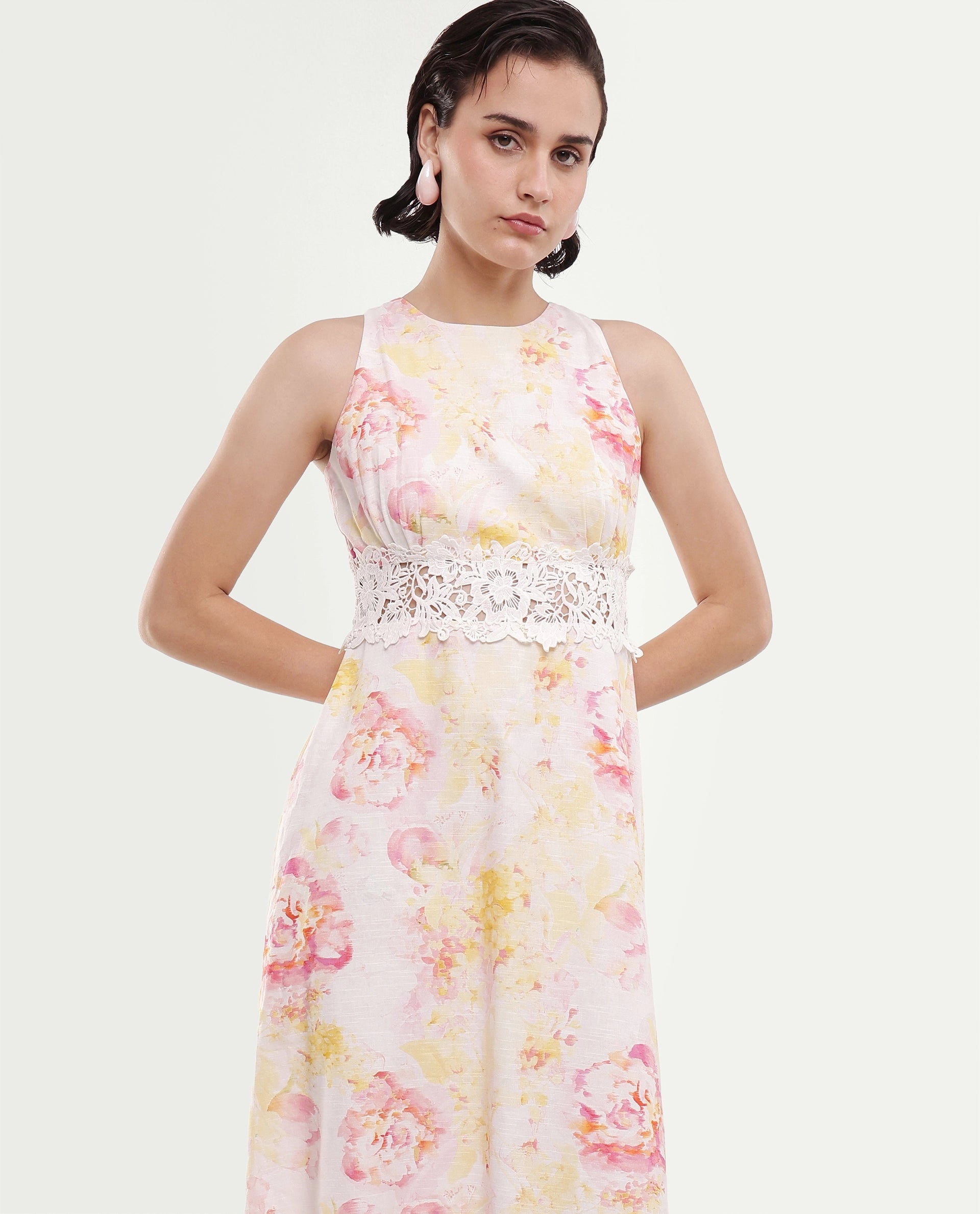 Rareism Women's Mavi Multi Cotton Sleeveless Crew Neck A-Line Floral Print Dress