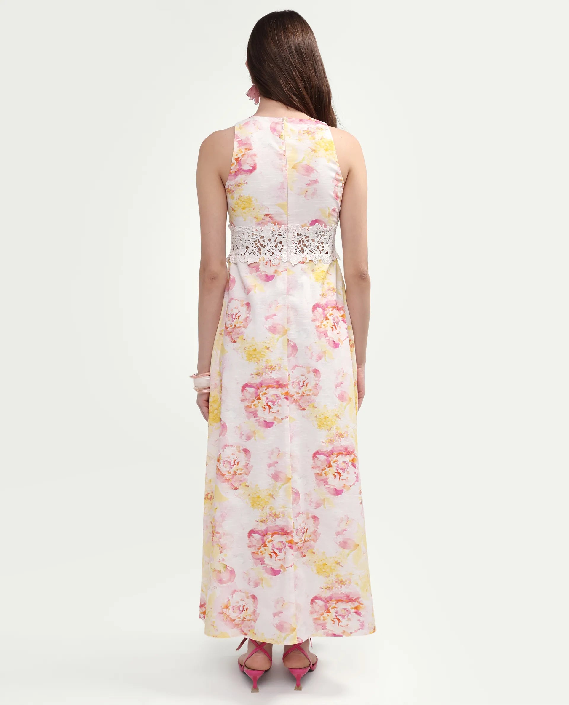 Rareism Women's Mavi Multi Cotton Sleeveless Crew Neck A-Line Floral Print Dress