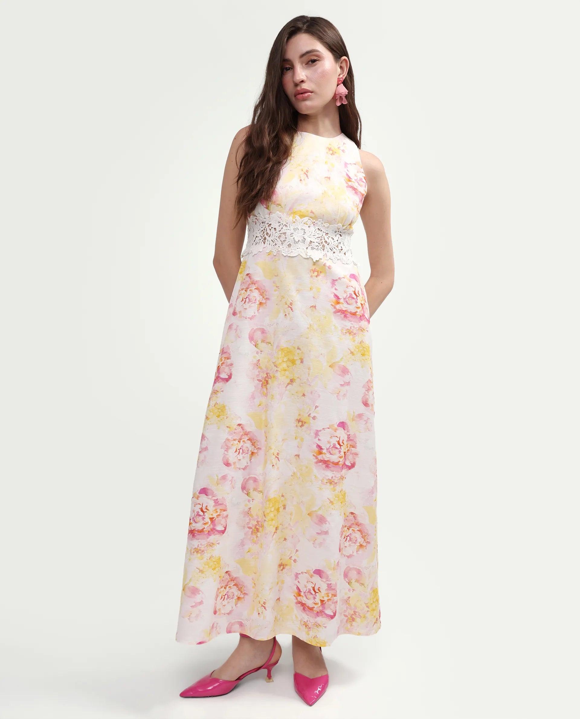 Rareism Women's Mavi Multi Cotton Sleeveless Crew Neck A-Line Floral Print Dress
