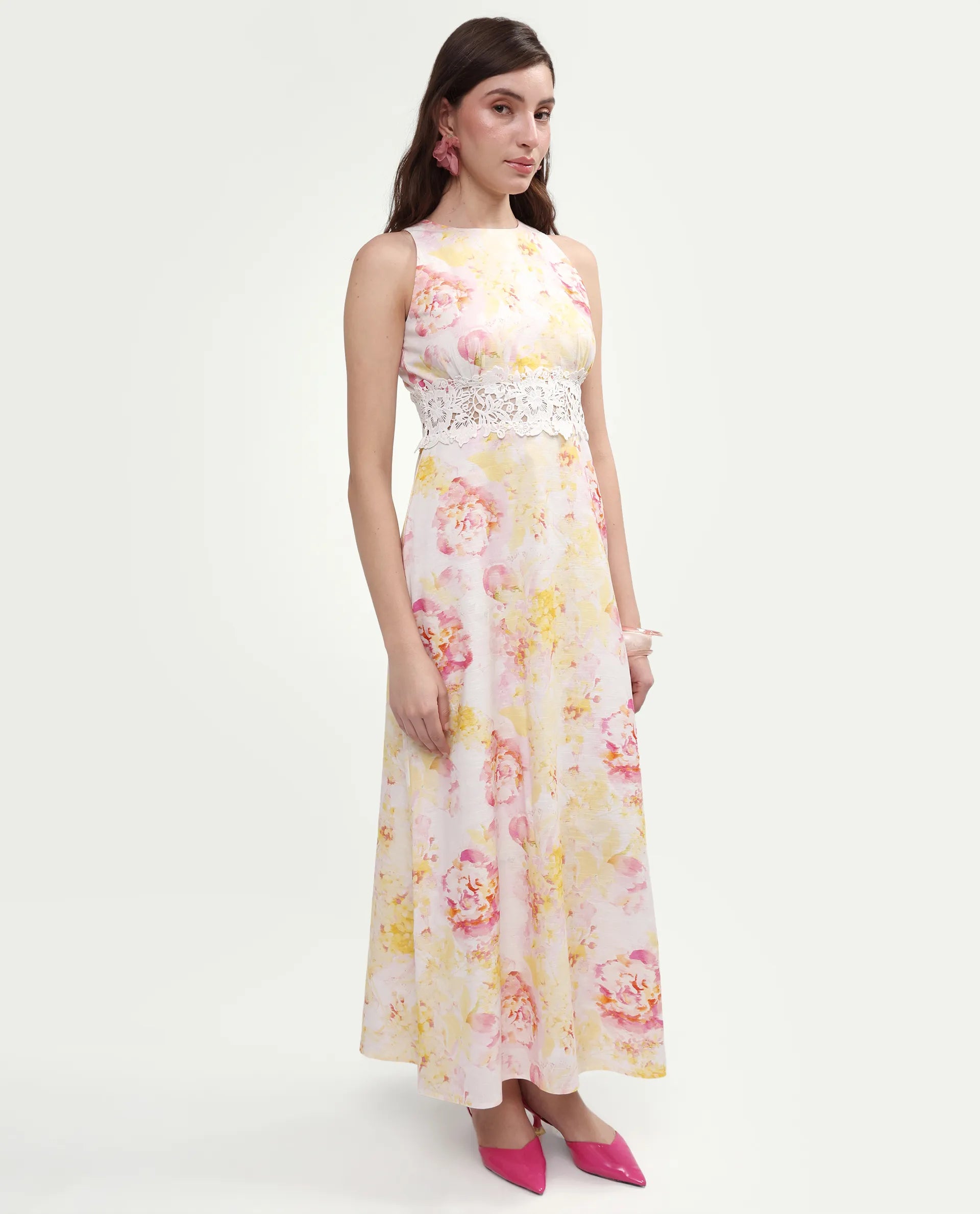 Rareism Women's Mavi Multi Cotton Sleeveless Crew Neck A-Line Floral Print Dress