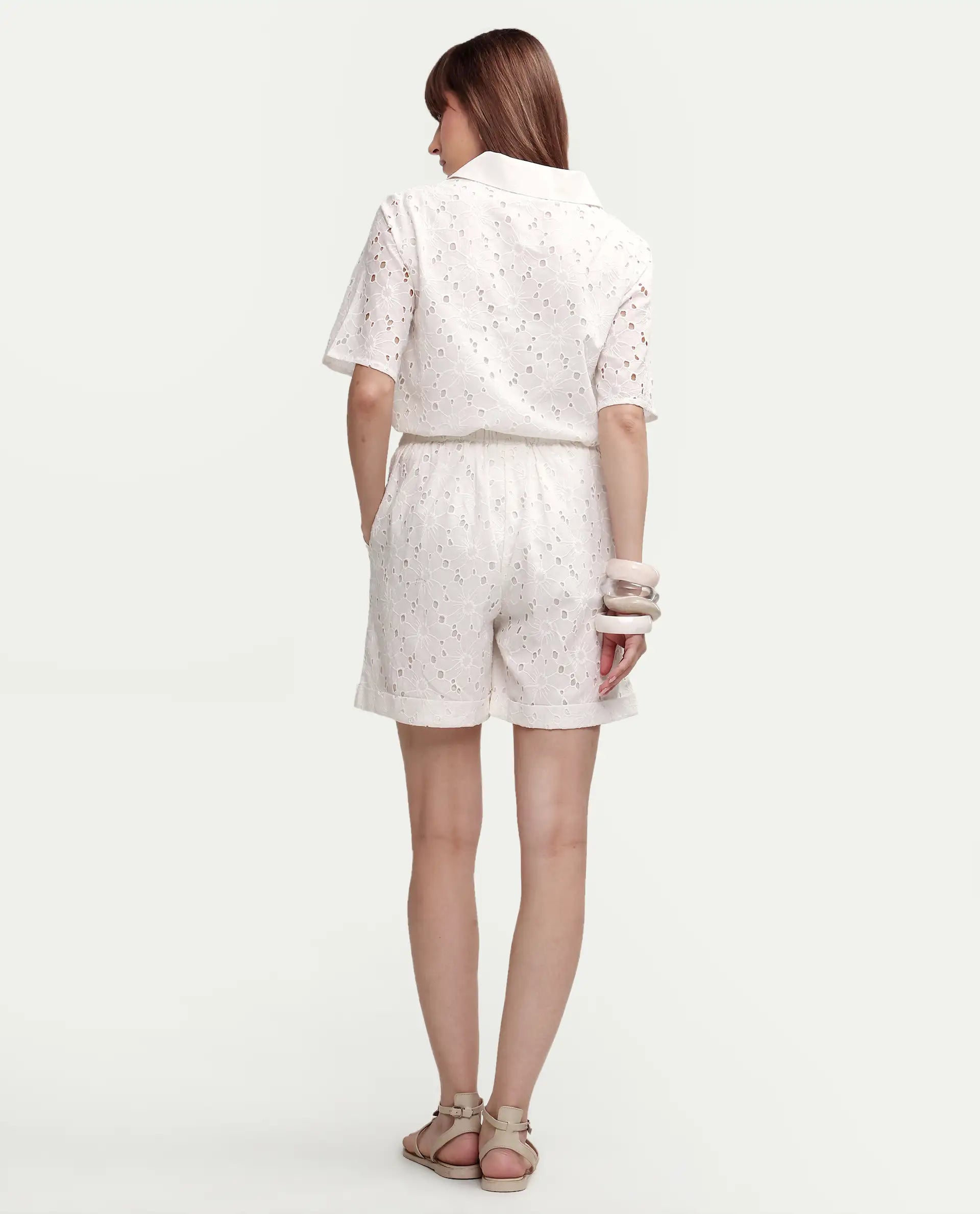 Rareism Women's Mazi-B Off White Cotton Regular Schiffli Shorts