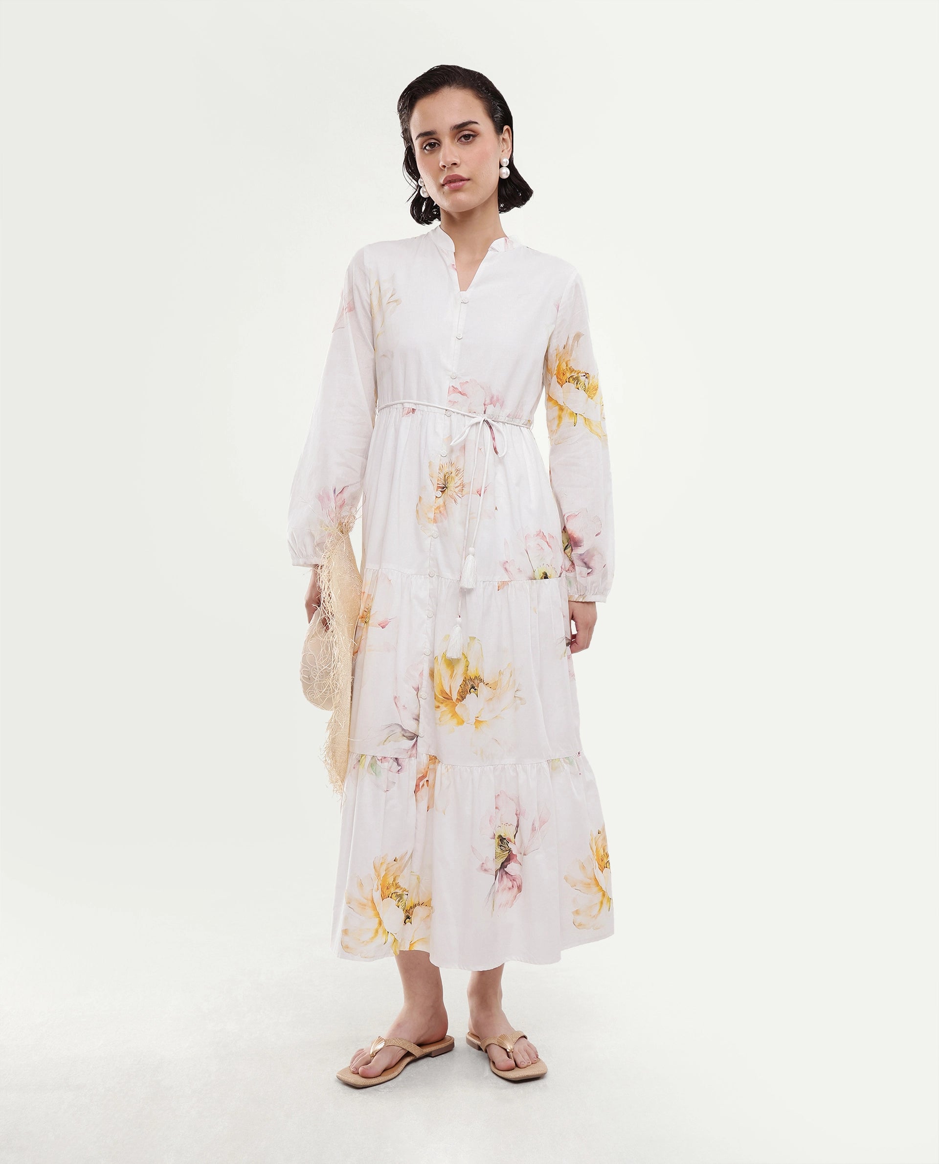 Rareism Women's Mehik Off White Cotton Full Sleeve Mandarin Collar Tiered Floral Print Dress