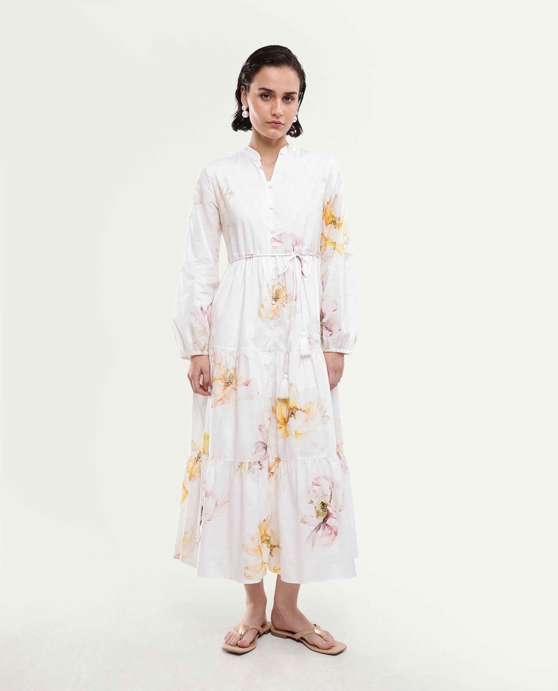 Rareism Women's Mehik Off White Cotton Full Sleeve Mandarin Collar Tiered Floral Print Dress