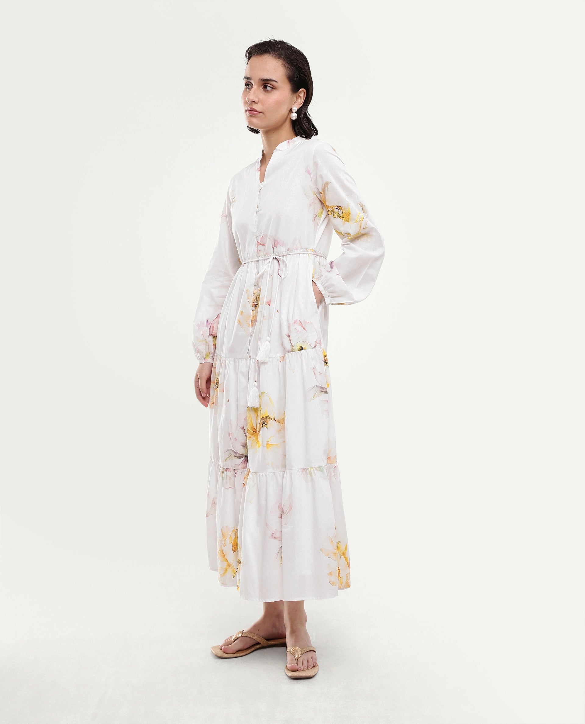 Rareism Women's Mehik Off White Cotton Full Sleeve Mandarin Collar Tiered Floral Print Dress