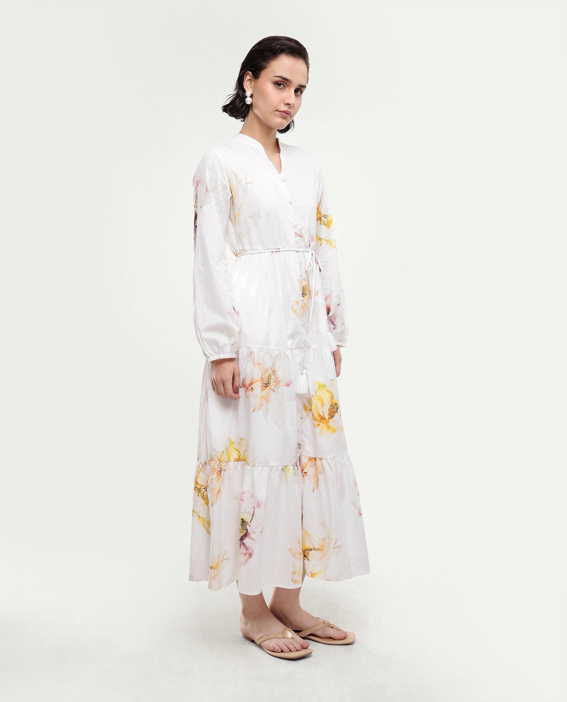 Rareism Women's Mehik Off White Cotton Full Sleeve Mandarin Collar Tiered Floral Print Dress