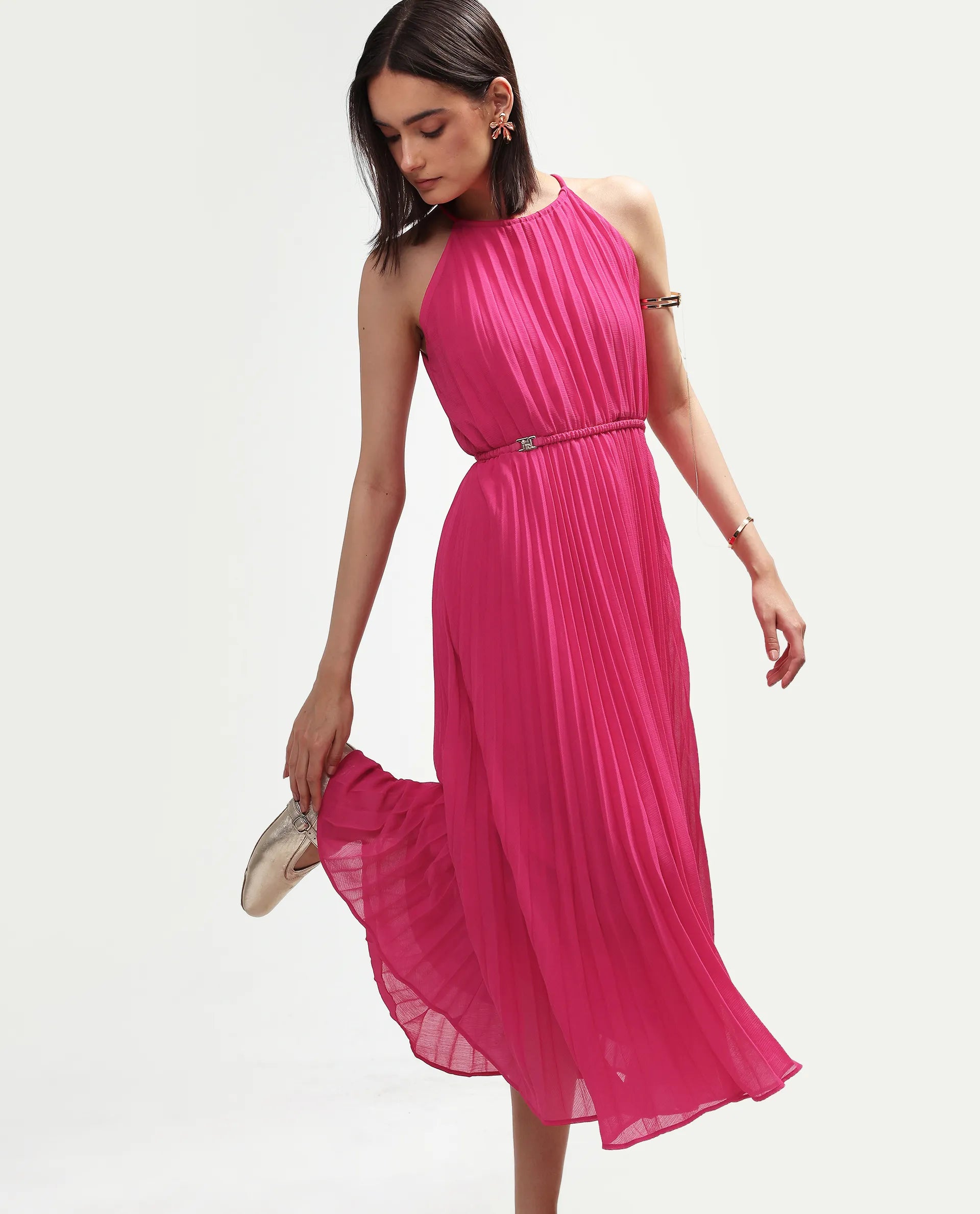 Rareism Women's Meplet Pink Polyester Sleeveless Halter Neck A-Line Dress