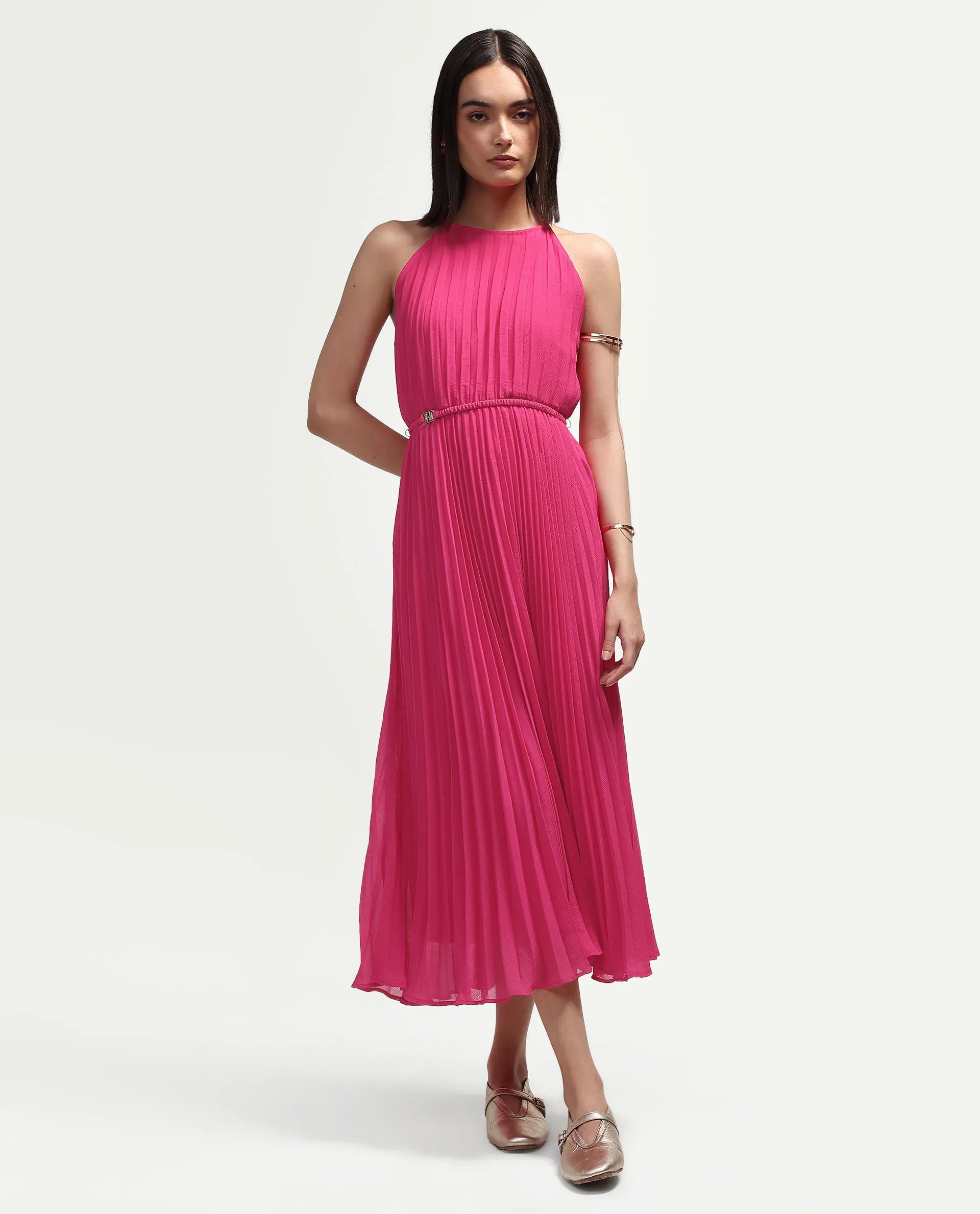 Rareism Women's Meplet Pink Polyester Sleeveless Halter Neck A-Line Dress