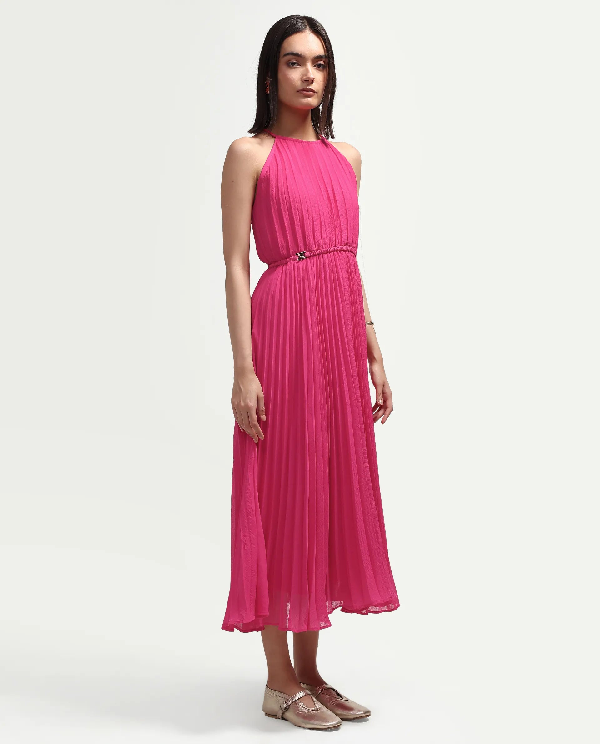 Rareism Women's Meplet Pink Polyester Sleeveless Halter Neck A-Line Dress