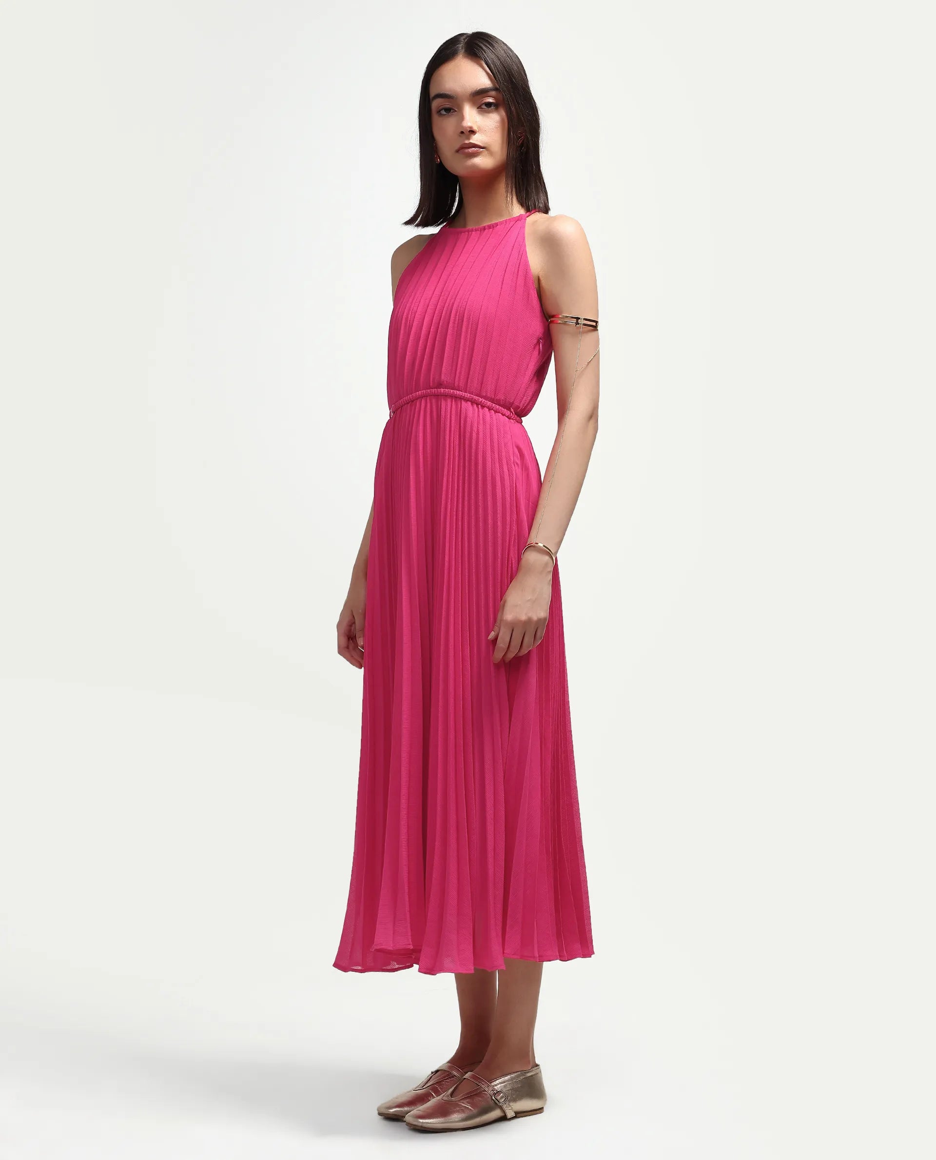 Rareism Women's Meplet Pink Polyester Sleeveless Halter Neck A-Line Dress