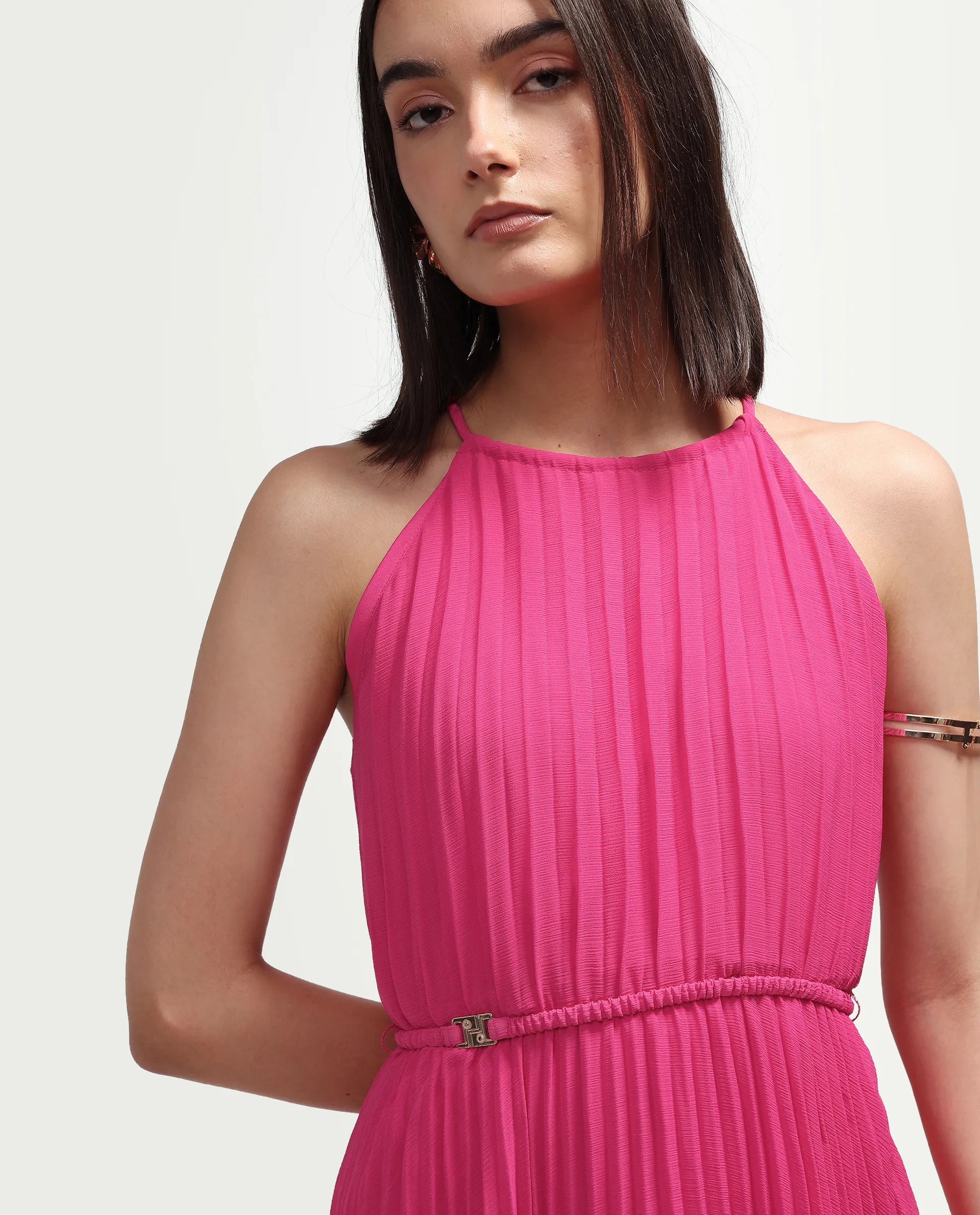 Rareism Women's Meplet Pink Polyester Sleeveless Halter Neck A-Line Dress