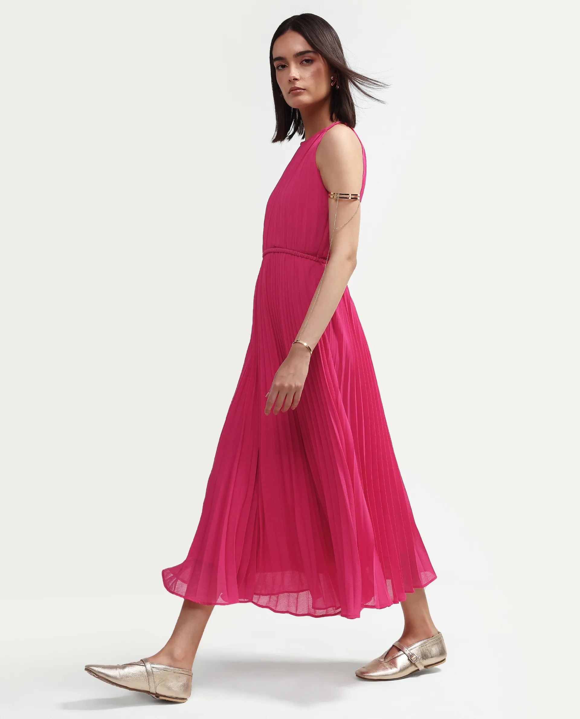 Rareism Women's Meplet Pink Polyester Sleeveless Halter Neck A-Line Dress