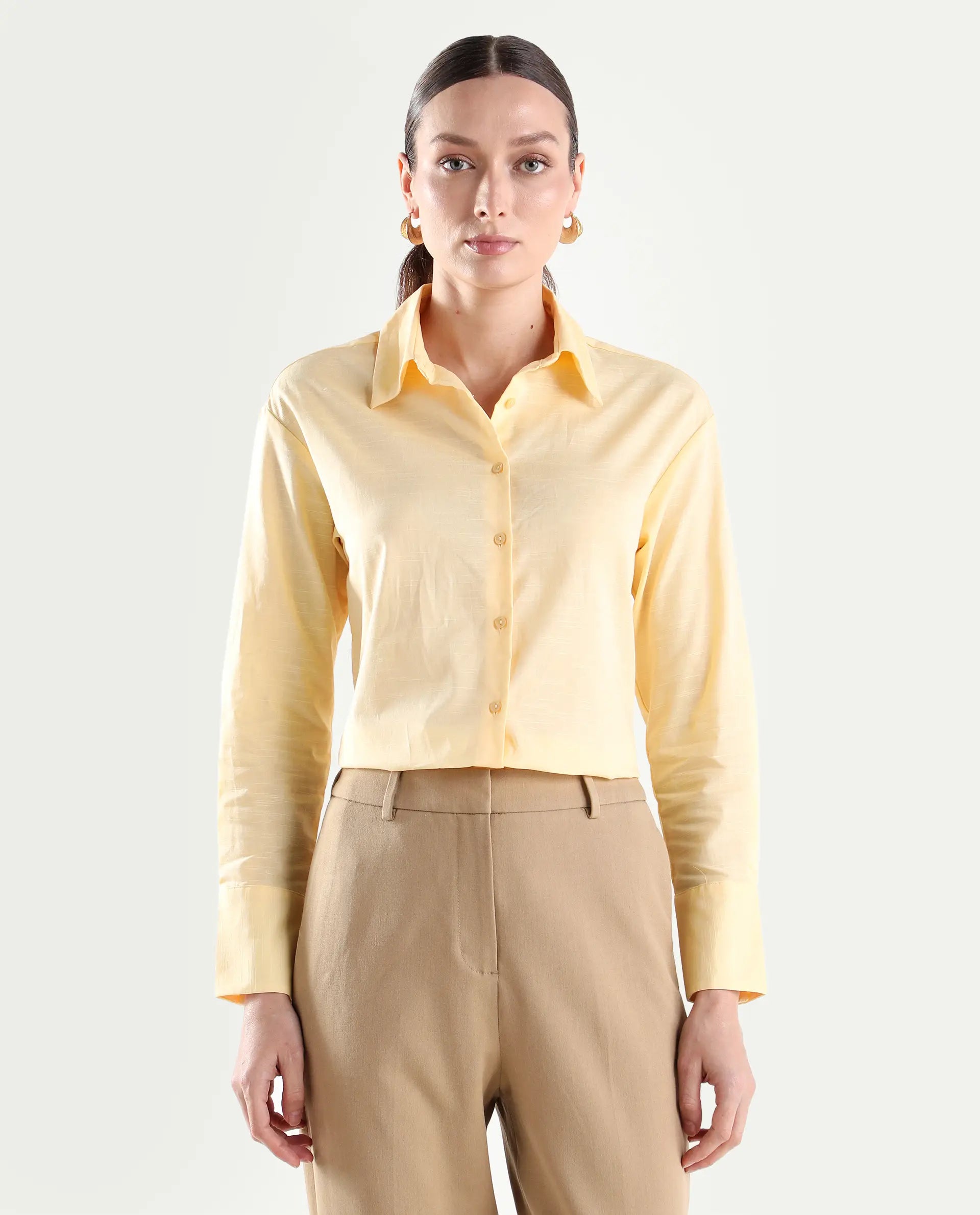 Rareism Women's Mewok Yellow Cotton Full Sleeve Spread Collar Regular Plain Shirt