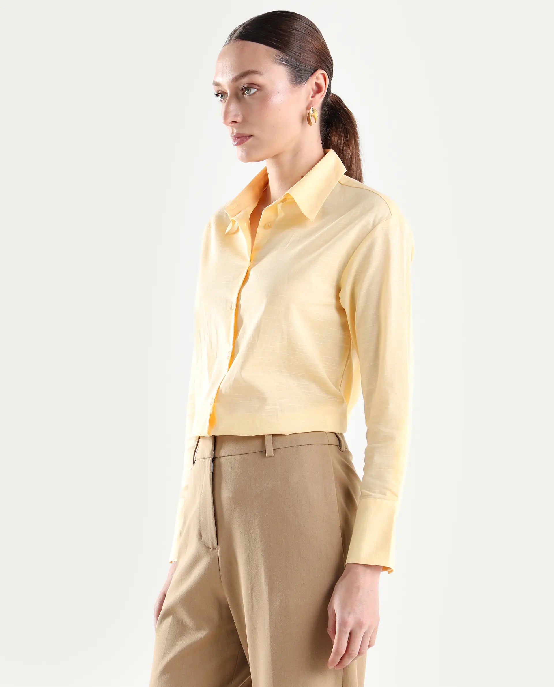 Rareism Women's Mewok Yellow Cotton Full Sleeve Spread Collar Regular Plain Shirt