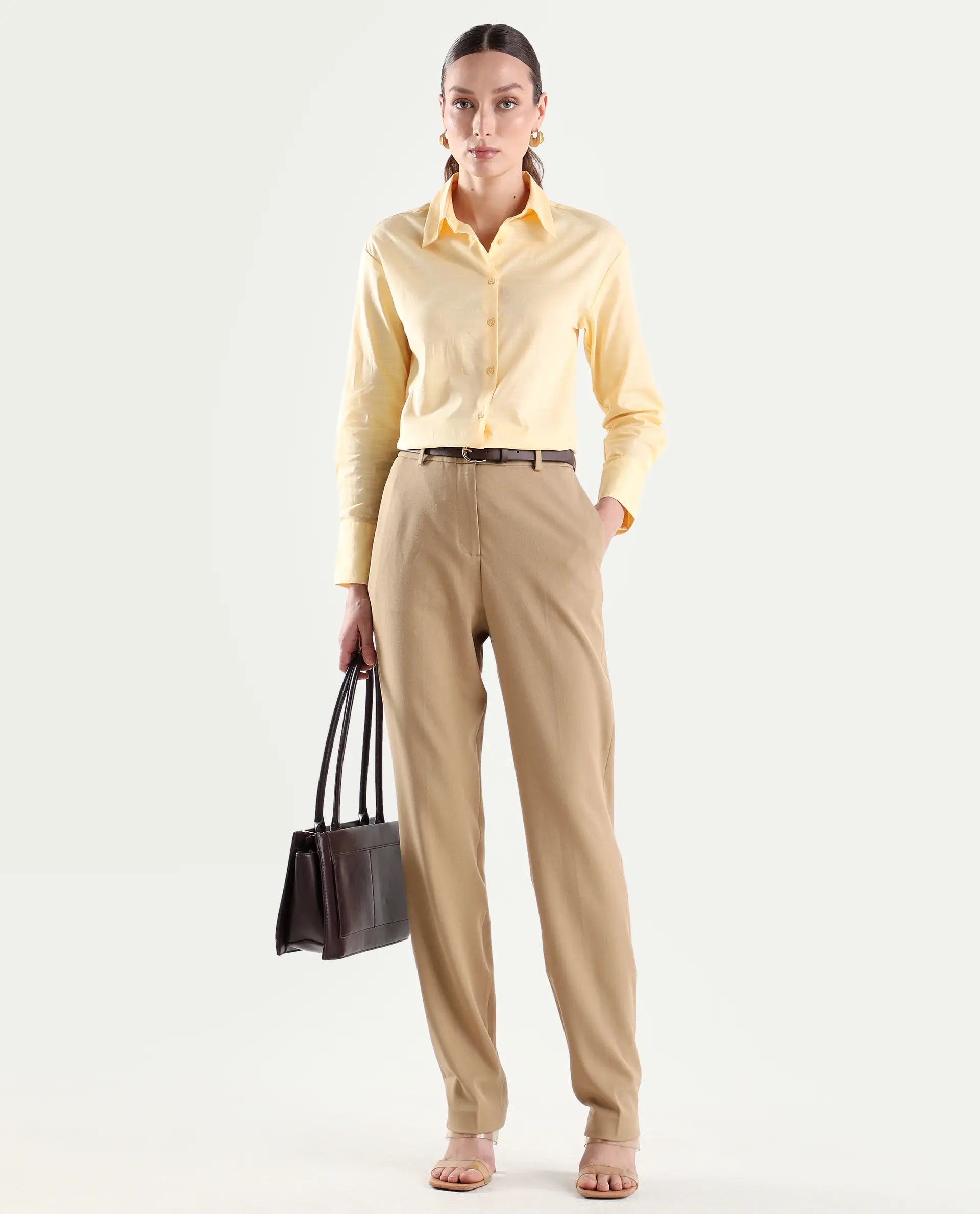 Rareism Women's Mewok Yellow Cotton Full Sleeve Spread Collar Regular Plain Shirt