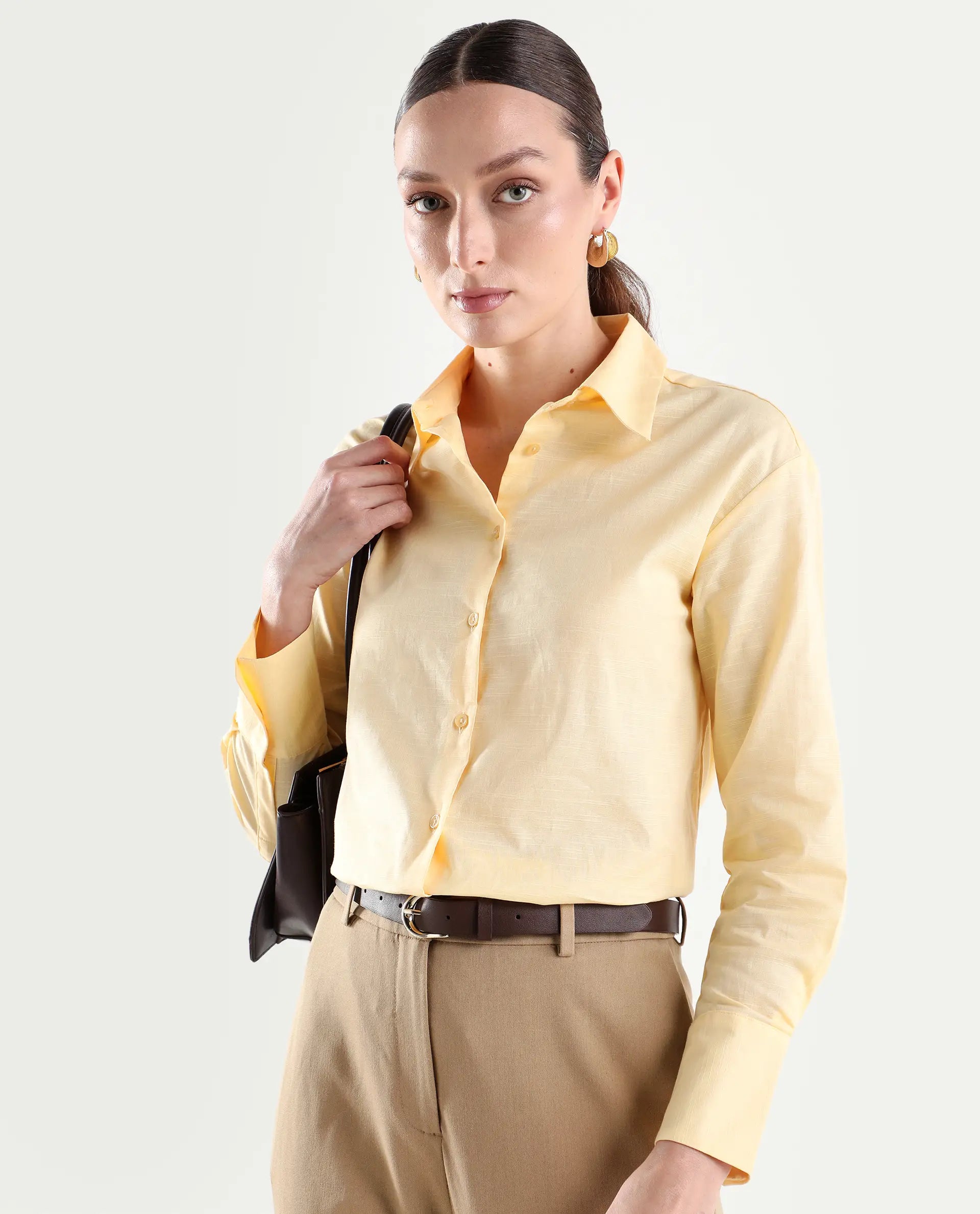 Rareism Women's Mewok Yellow Cotton Full Sleeve Spread Collar Regular Plain Shirt