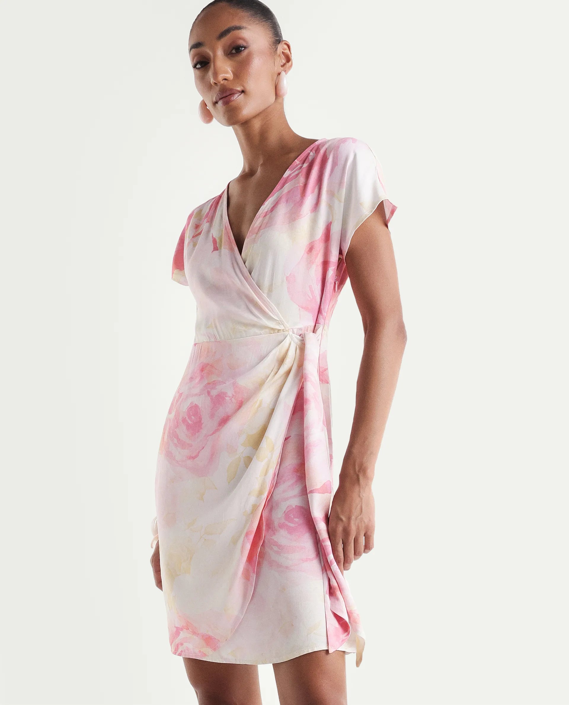 Rareism Women's Meya Off White Cotton Satin Half Sleeve V-Neck Floral Print Dress