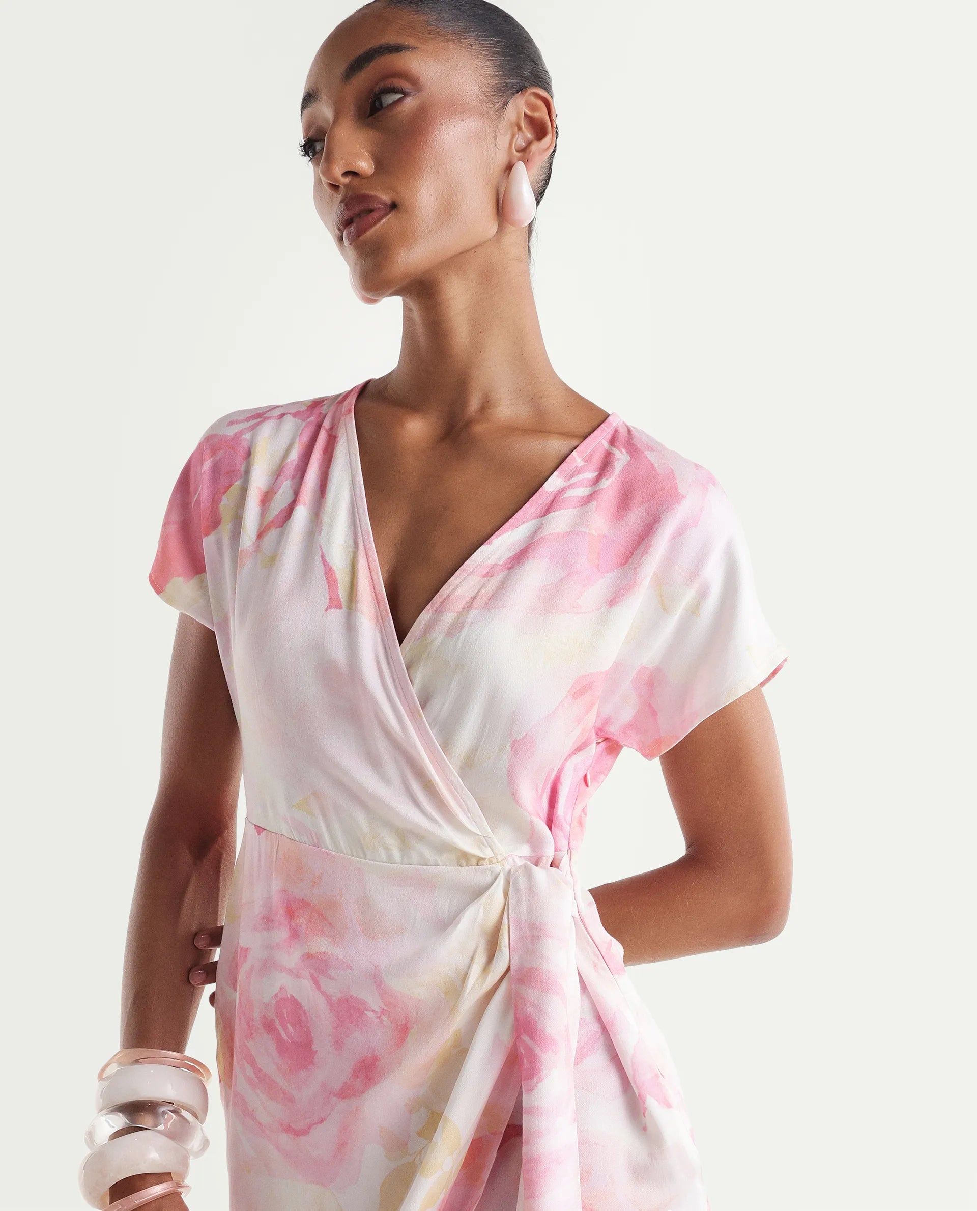 Rareism Women's Meya Off White Cotton Satin Half Sleeve V-Neck Floral Print Dress