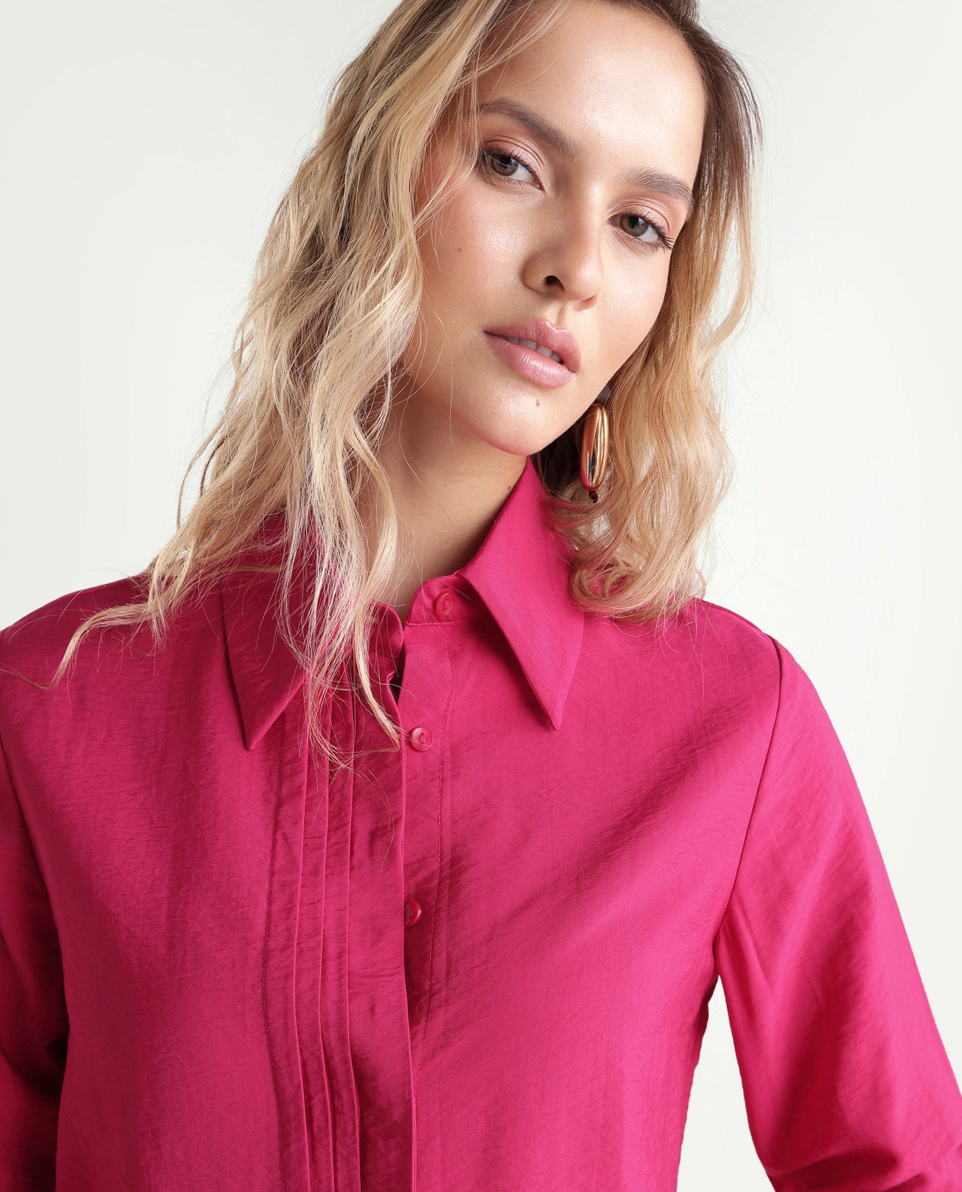 Rareism Women's Mibo Pink Plain Viscose Regular Full Sleeve Shirt