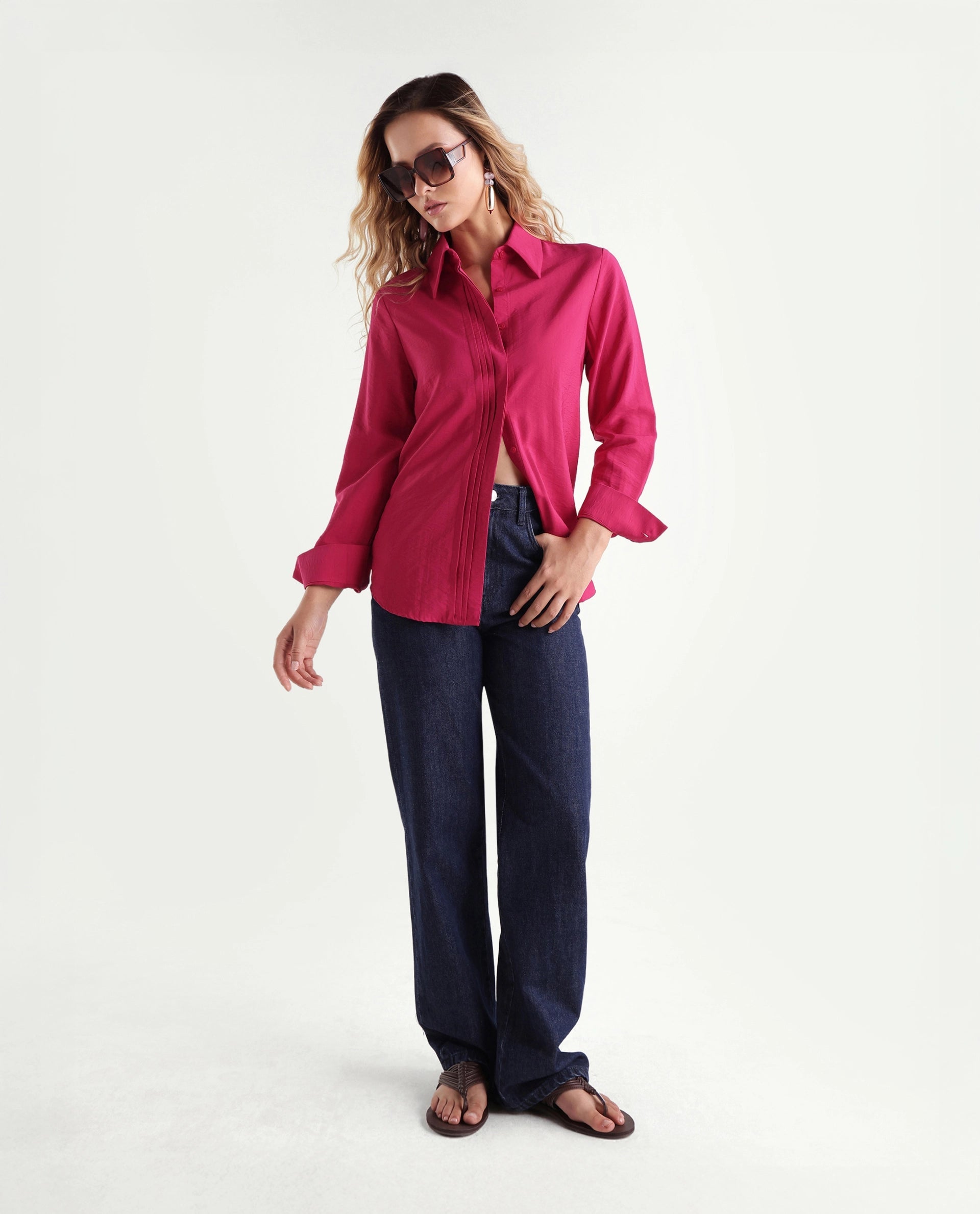 Rareism Women's Mibo Pink Plain Viscose Regular Full Sleeve Shirt