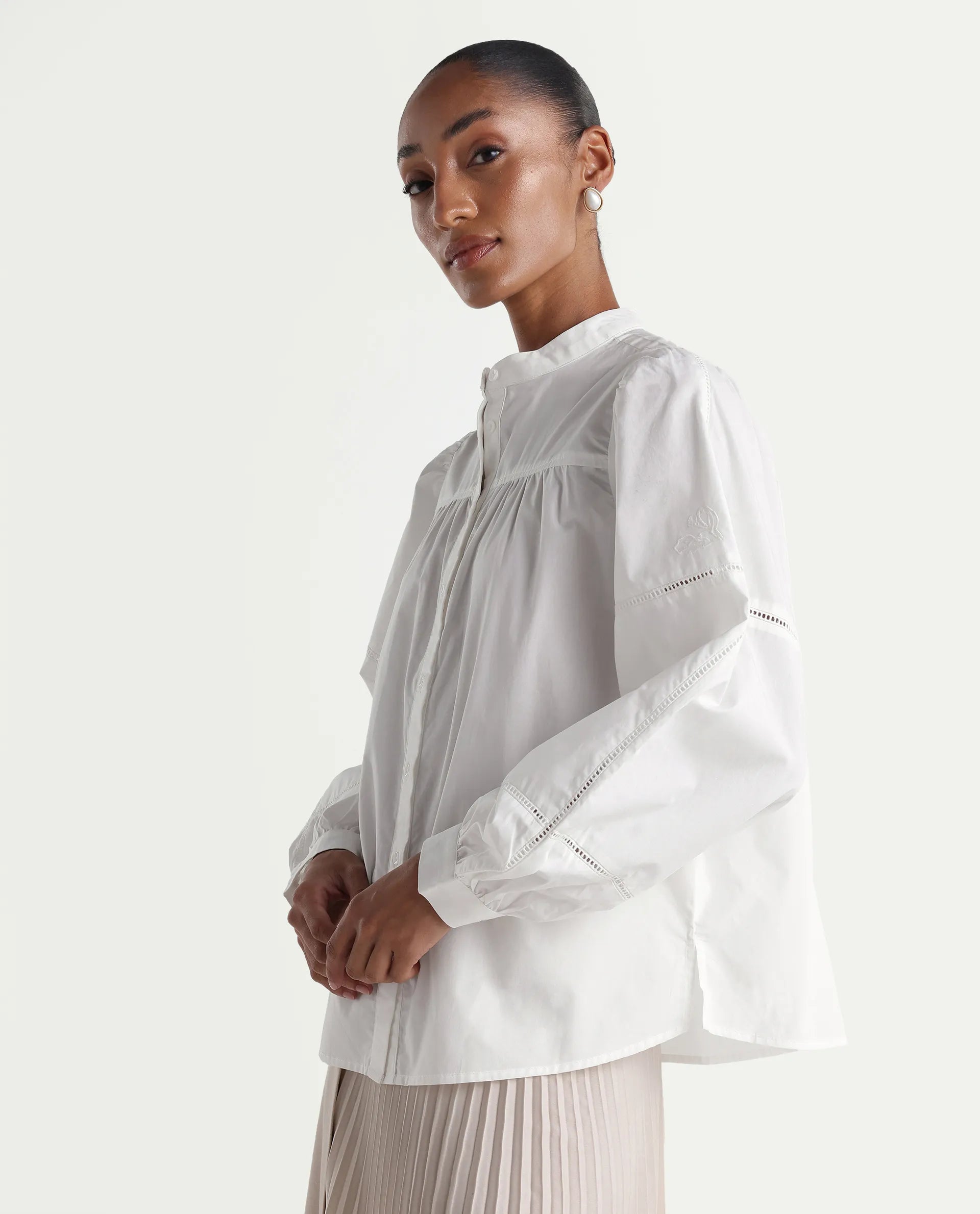 Rareism Women's Miel Off White Cotton Full Sleeve Mandarin Collar Relaxed Embroidered Top