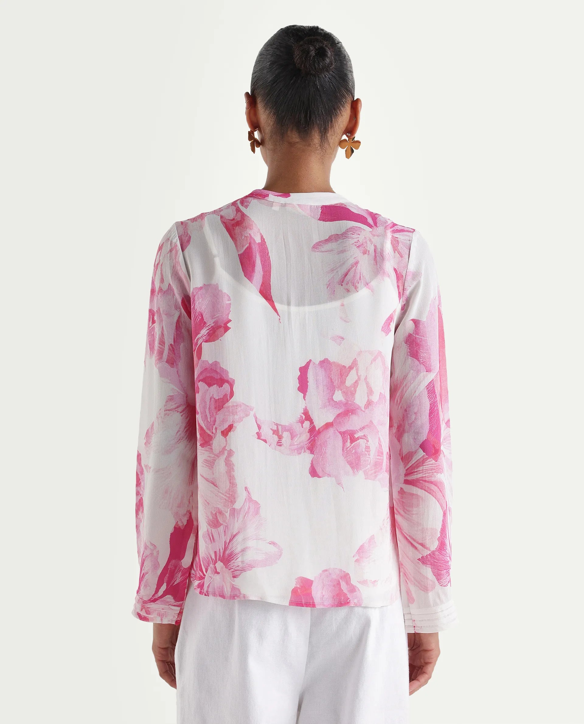 Rareism Women's Mijok Off White Viscose Full Sleeve Tie-Up Regular Floral Print Top