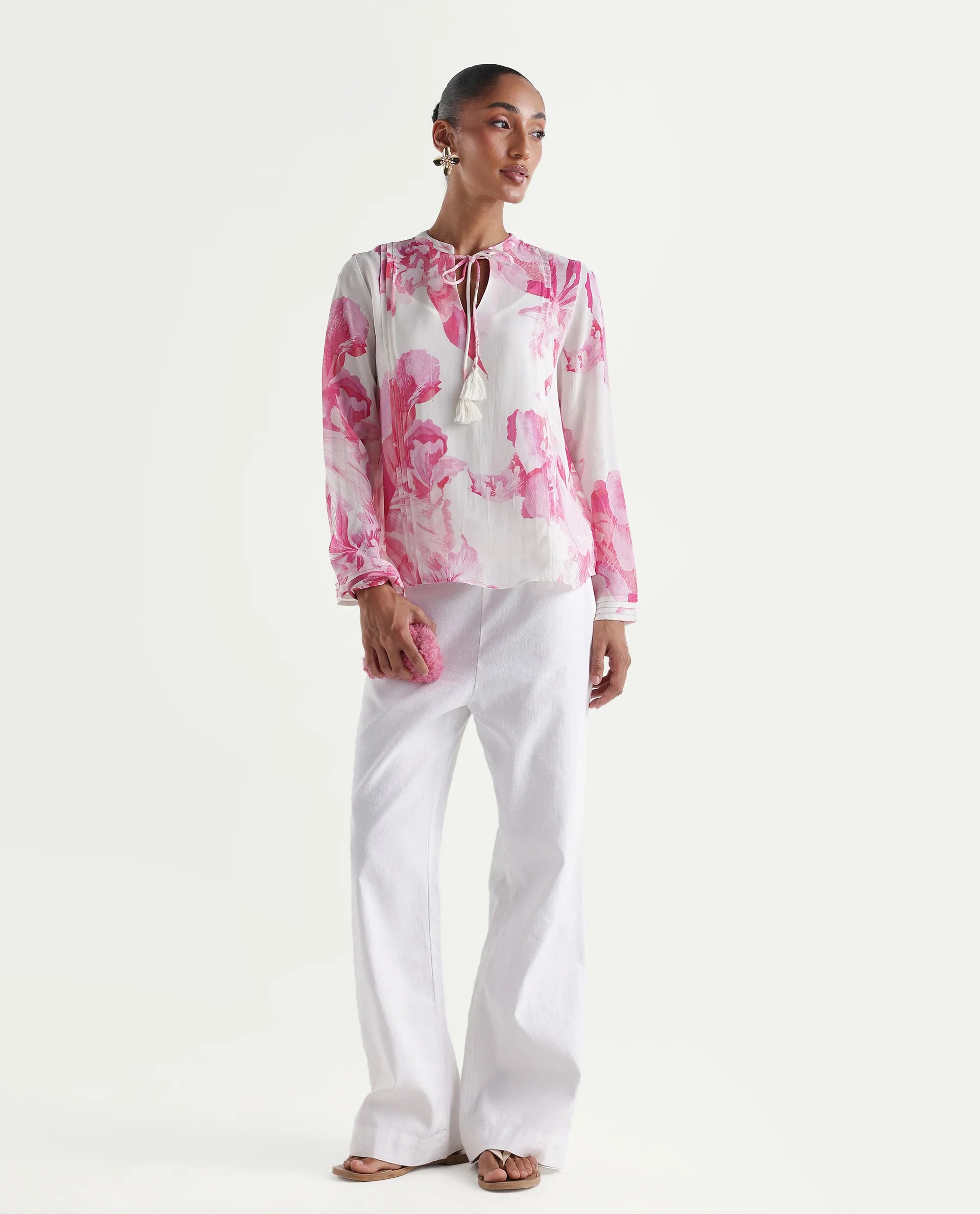 Rareism Women's Mijok Off White Viscose Full Sleeve Tie-Up Regular Floral Print Top