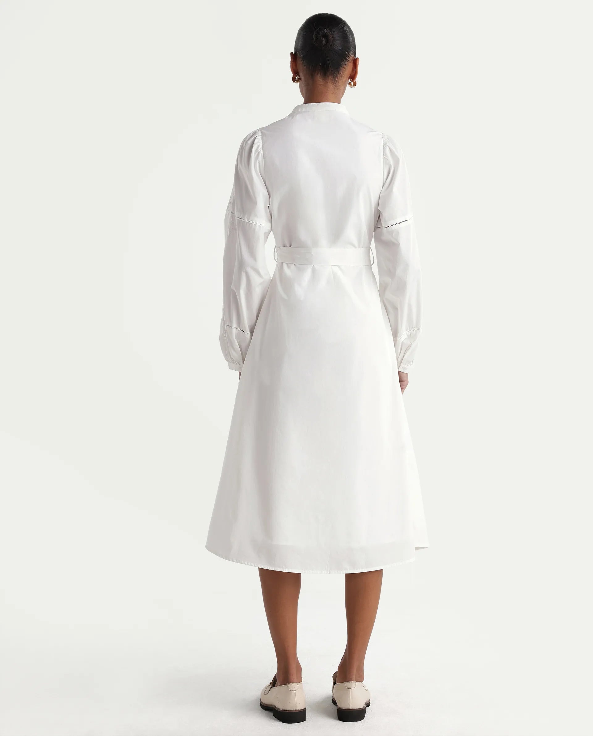Rareism Women's Miko Off White Cotton Full Sleeve Mandarin Collar A-Line Embroidered Dress