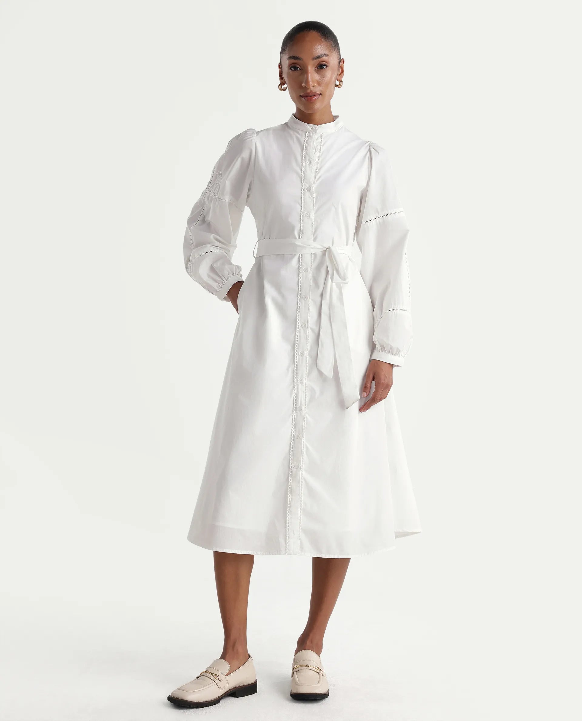 Rareism Women's Miko Off White Cotton Full Sleeve Mandarin Collar A-Line Embroidered Dress