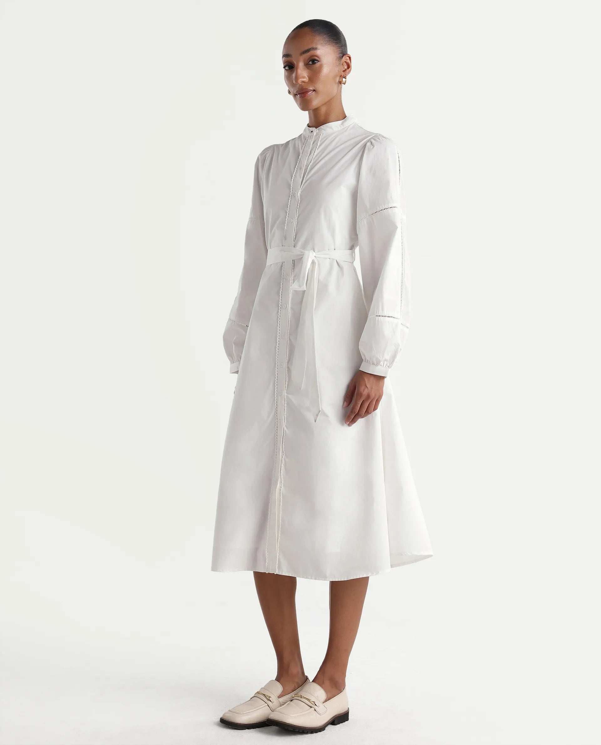 Rareism Women's Miko Off White Cotton Full Sleeve Mandarin Collar A-Line Embroidered Dress