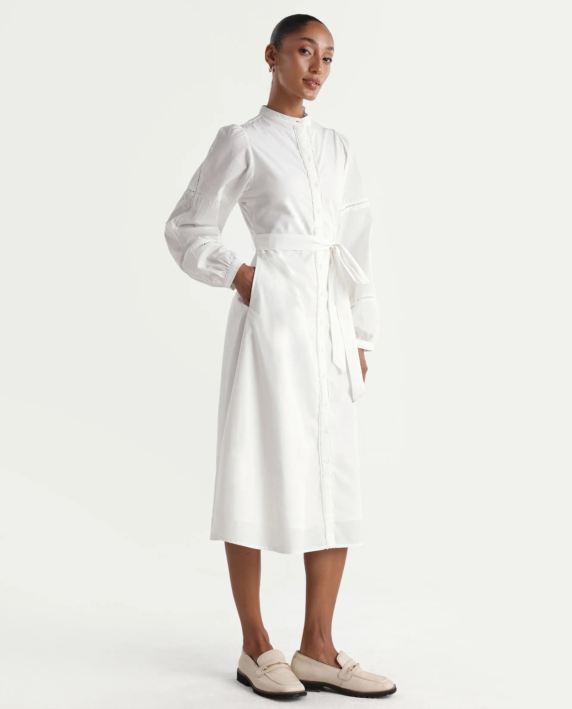 Rareism Women's Miko Off White Cotton Full Sleeve Mandarin Collar A-Line Embroidered Dress