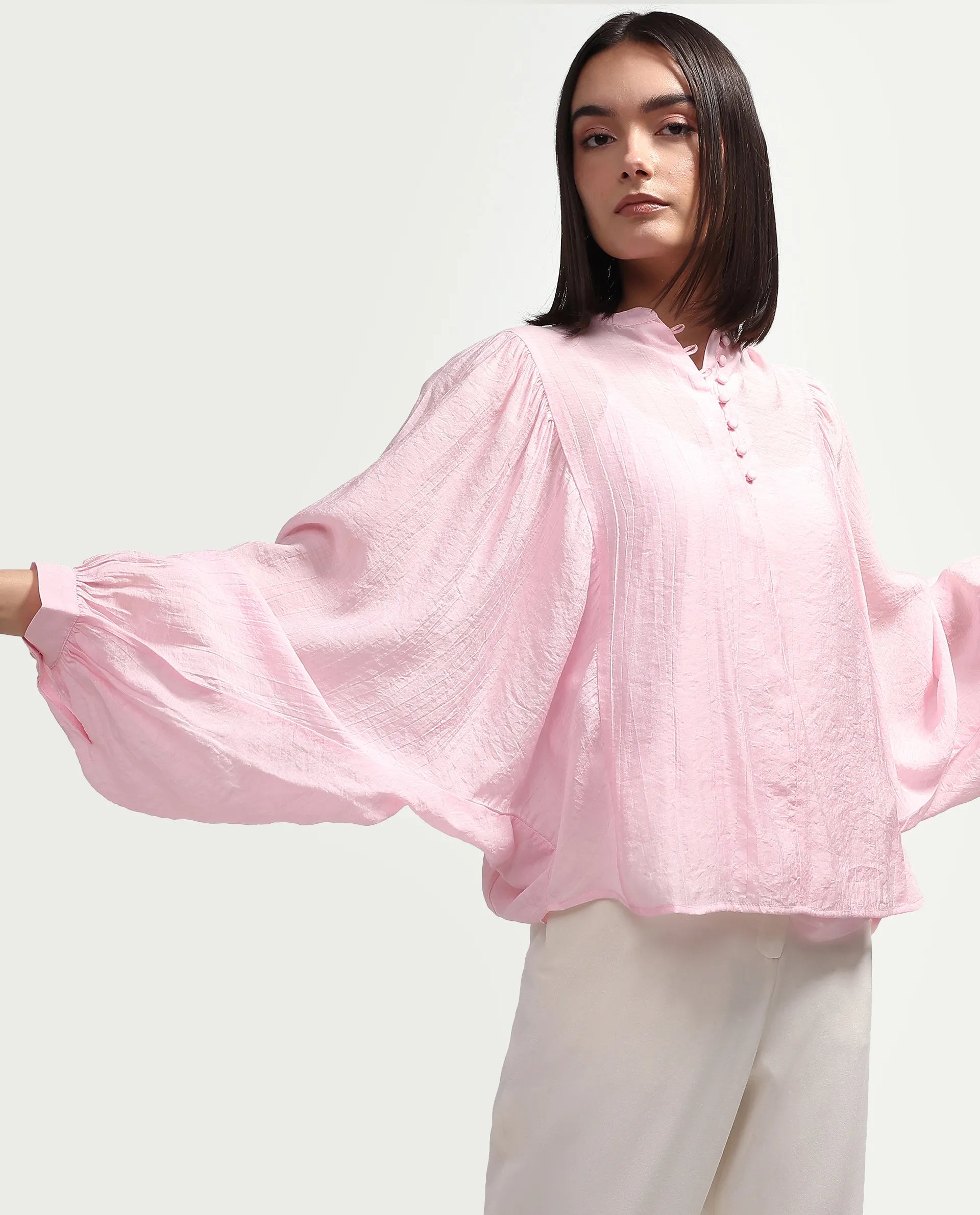 Rareism Women's Minis Light Pink Viscose Full Sleeve Band Collar Regular Top