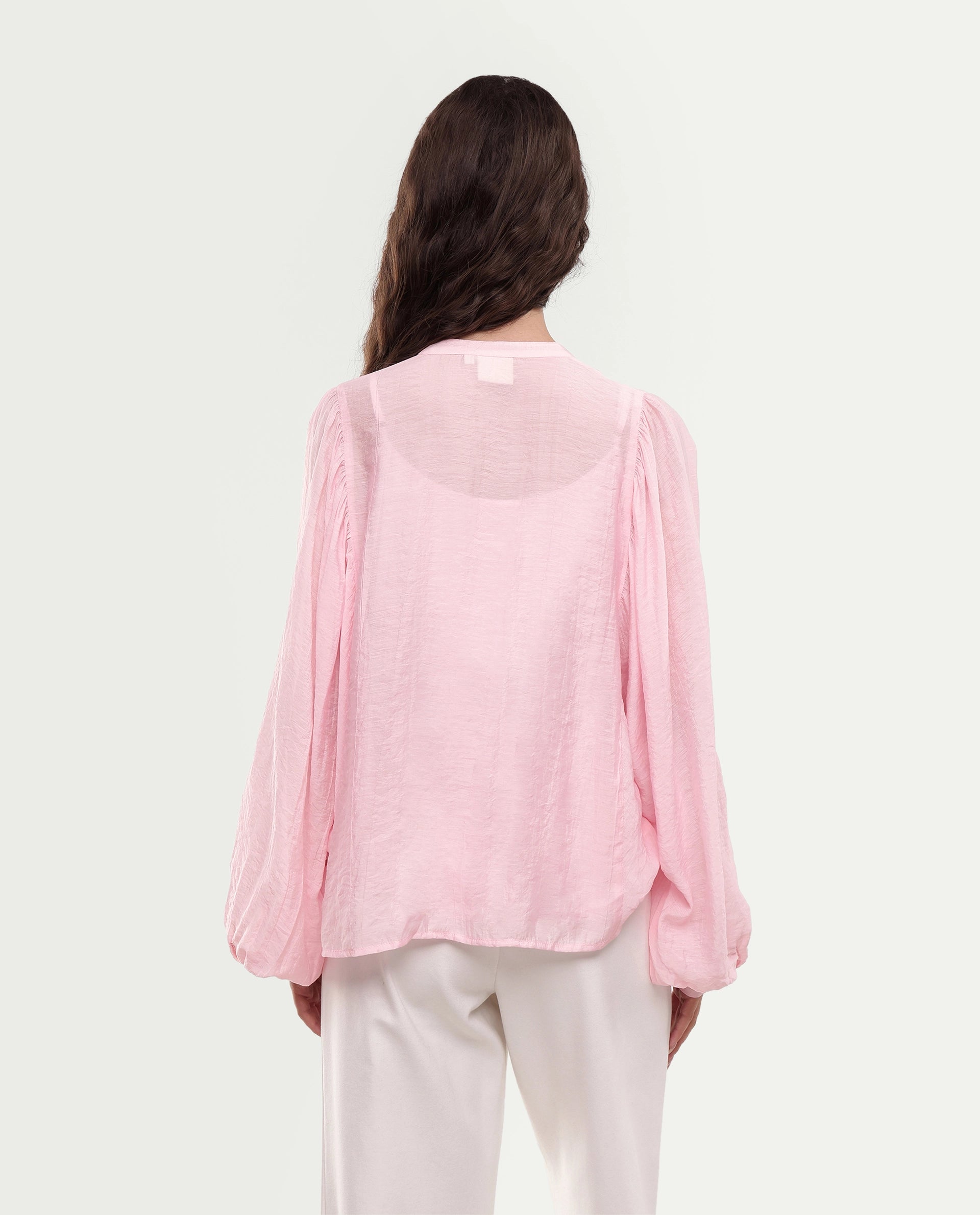 Rareism Women's Minis Light Pink Viscose Full Sleeve Band Collar Regular Top