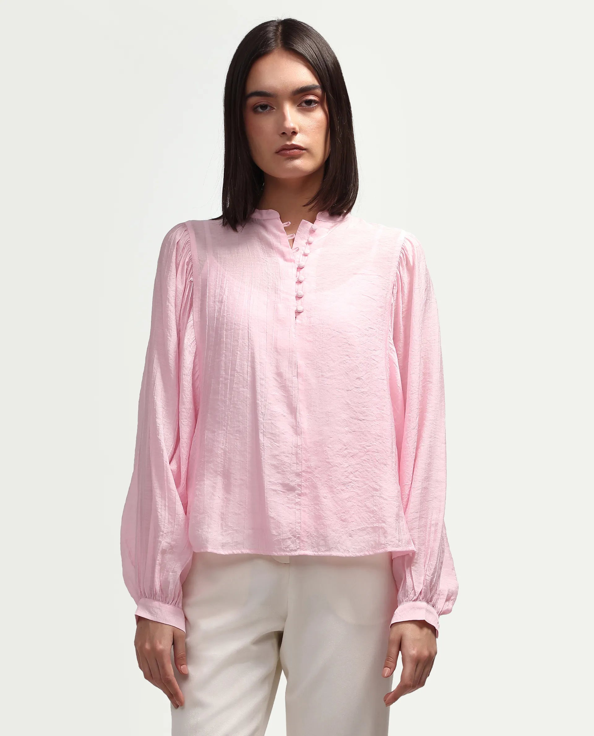 Rareism Women's Minis Light Pink Viscose Full Sleeve Band Collar Regular Top
