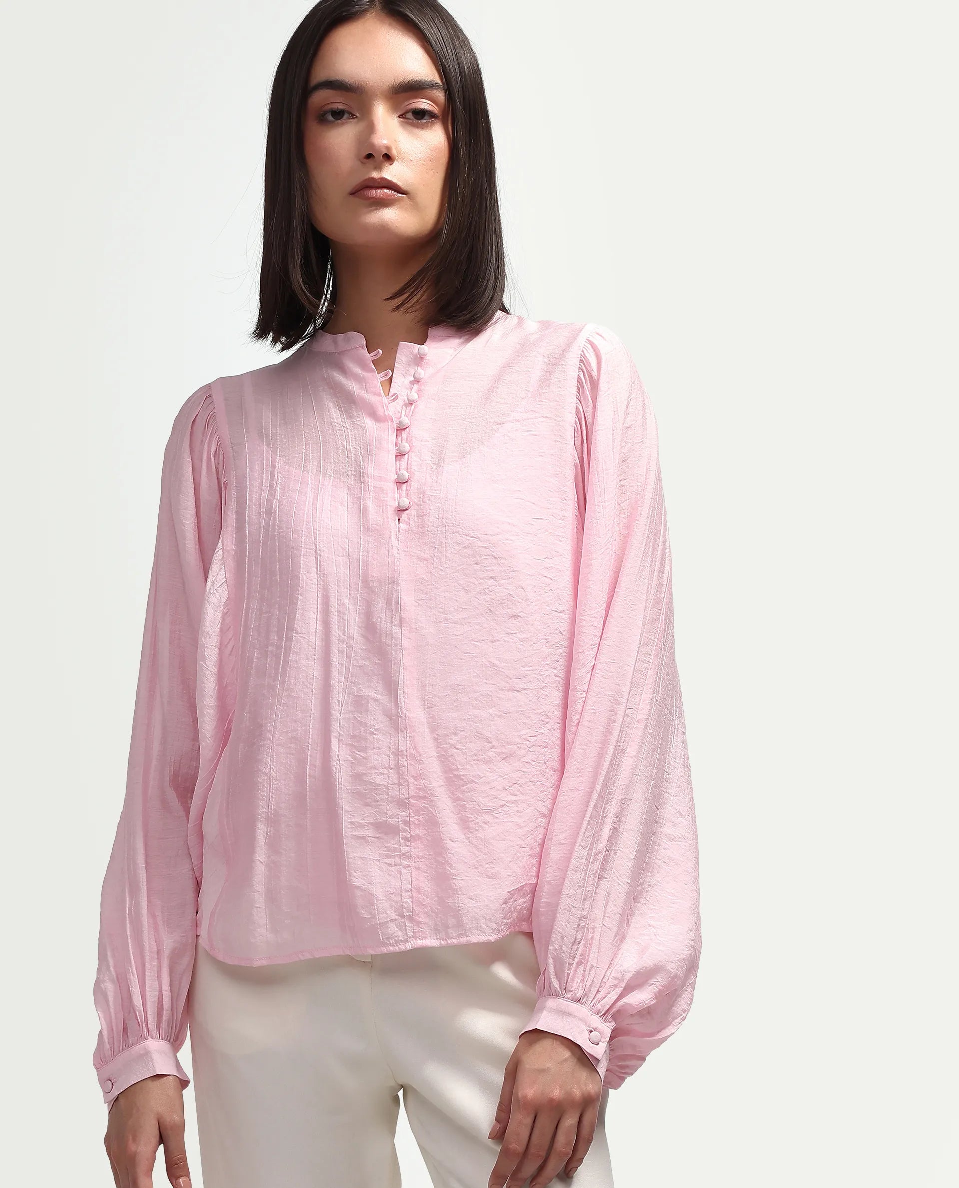 Rareism Women's Minis Light Pink Viscose Full Sleeve Band Collar Regular Top