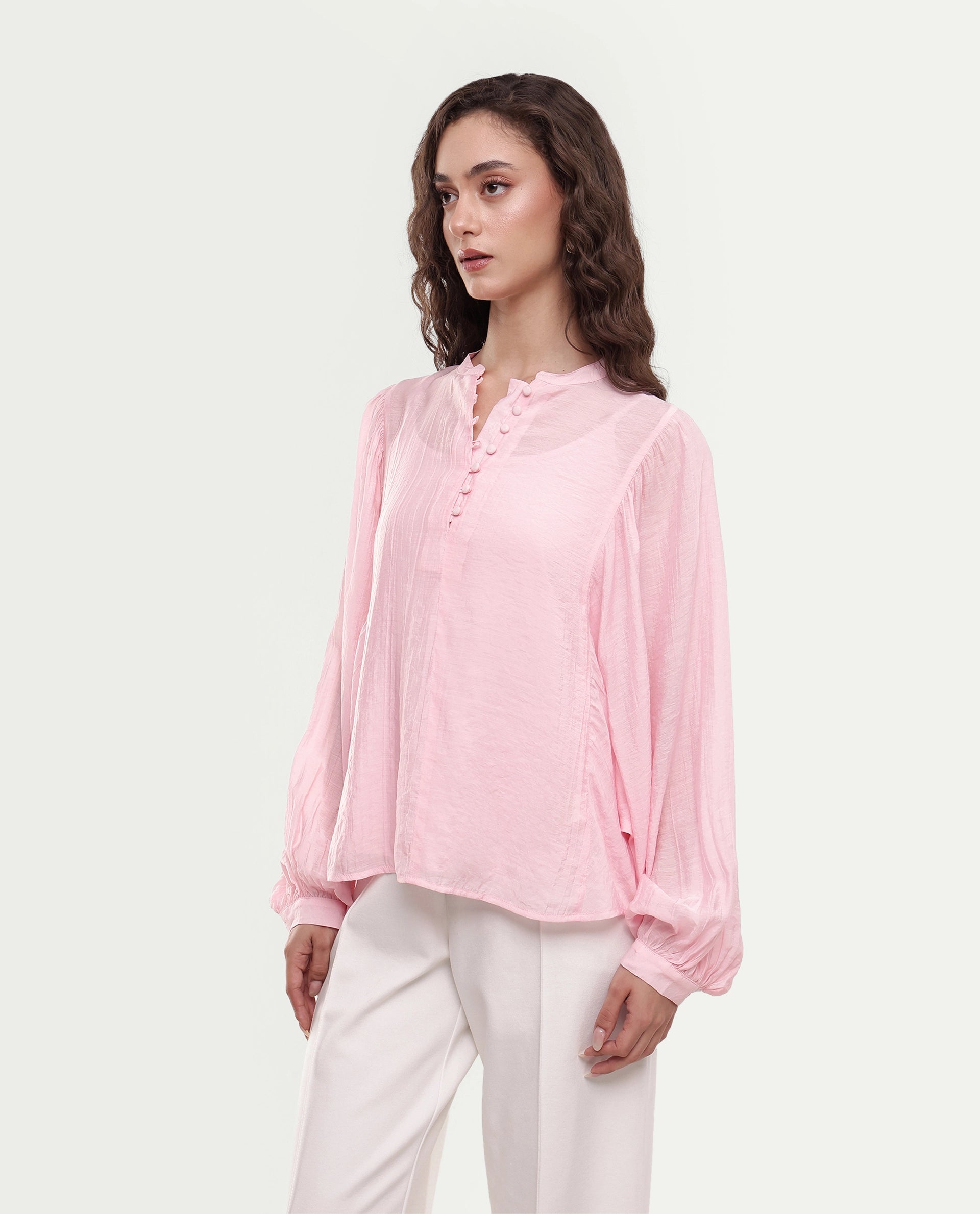 Rareism Women's Minis Light Pink Viscose Full Sleeve Band Collar Regular Top