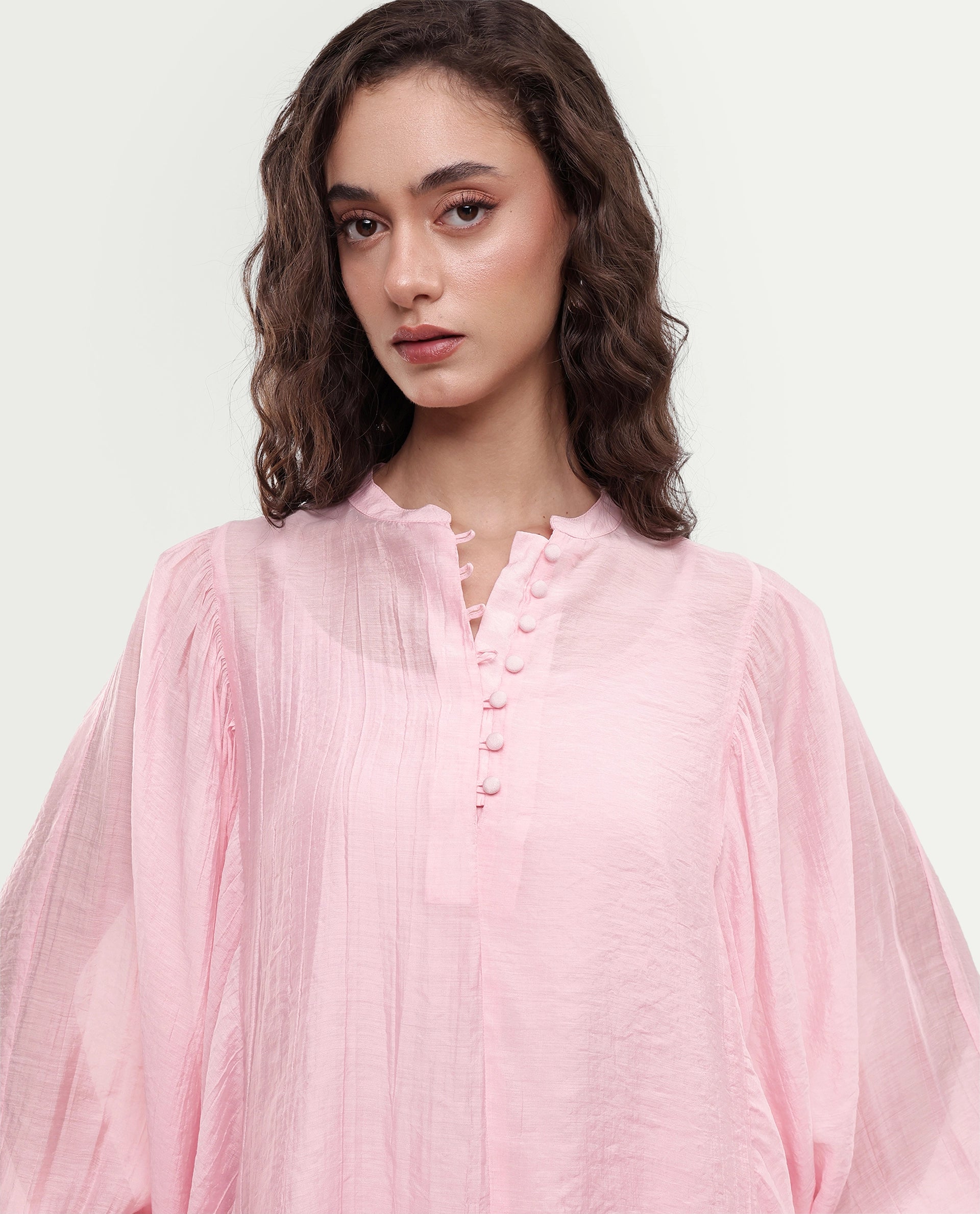 Rareism Women's Minis Light Pink Viscose Full Sleeve Band Collar Regular Top