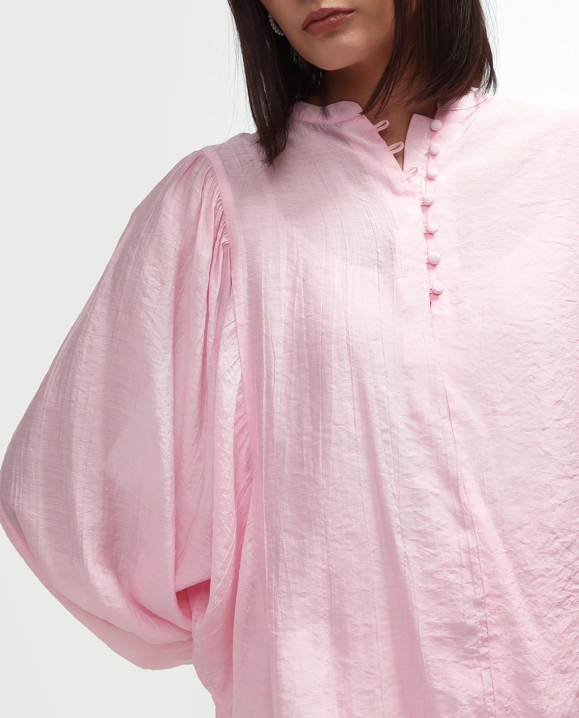 Rareism Women's Minis Light Pink Viscose Full Sleeve Band Collar Regular Top