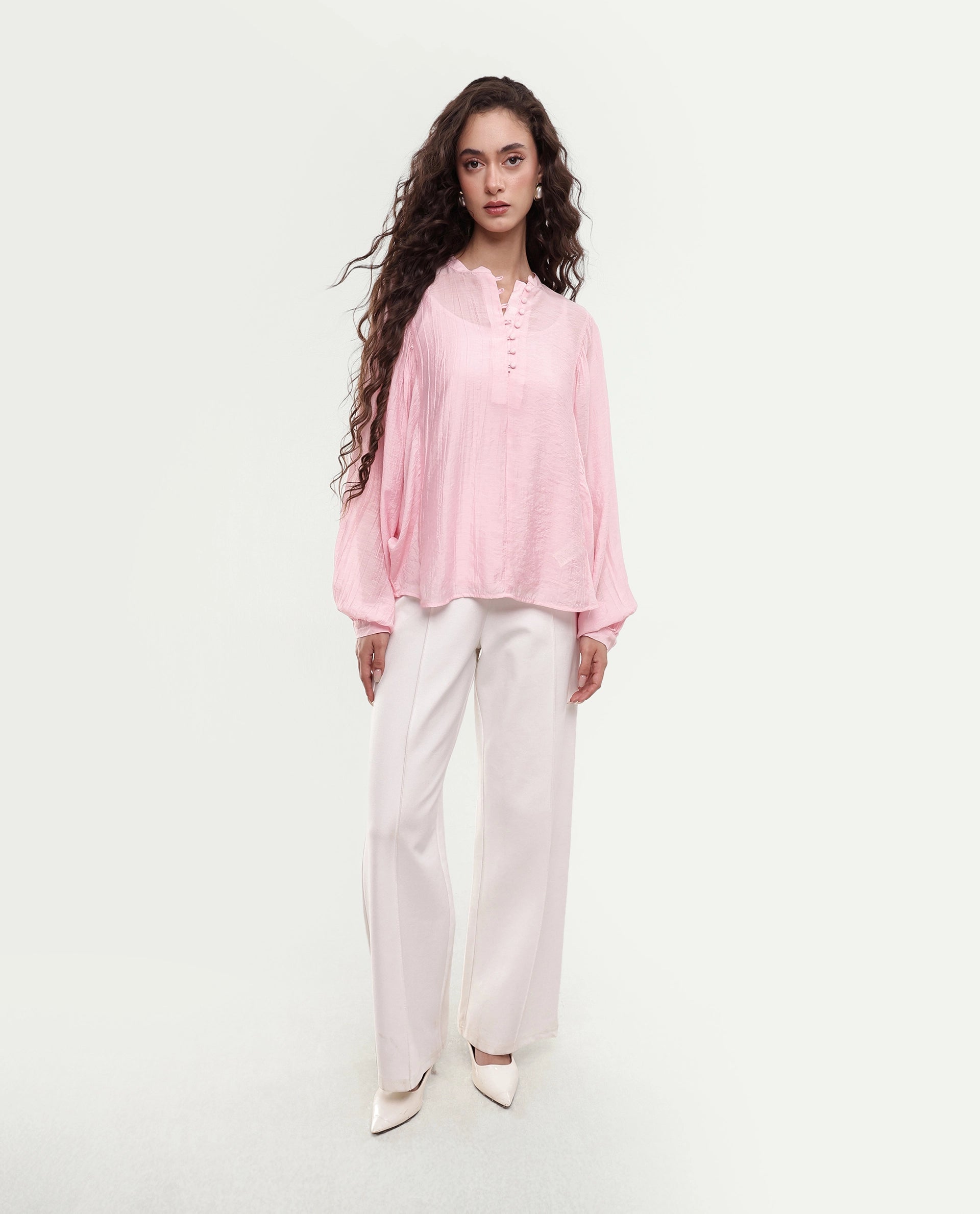 Rareism Women's Minis Light Pink Viscose Full Sleeve Band Collar Regular Top