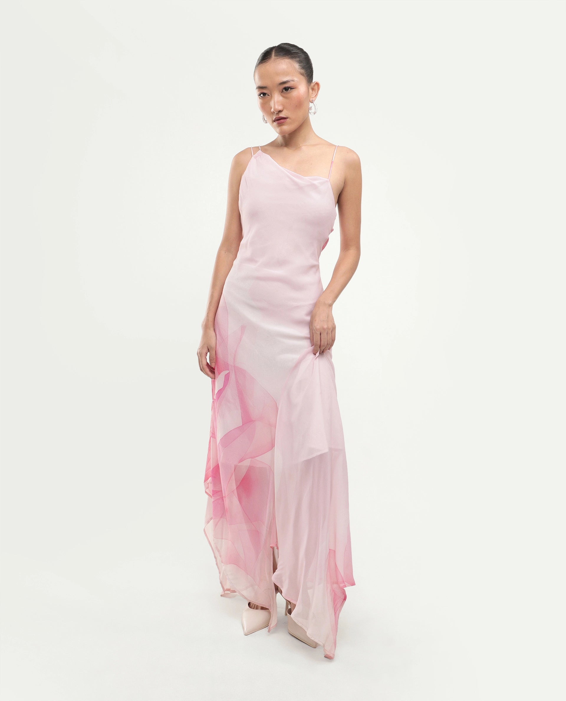 Rareism Women's Minzo Light Pink Viscose Sleeveless One Shoulder Asymmetric Floral Print Dress