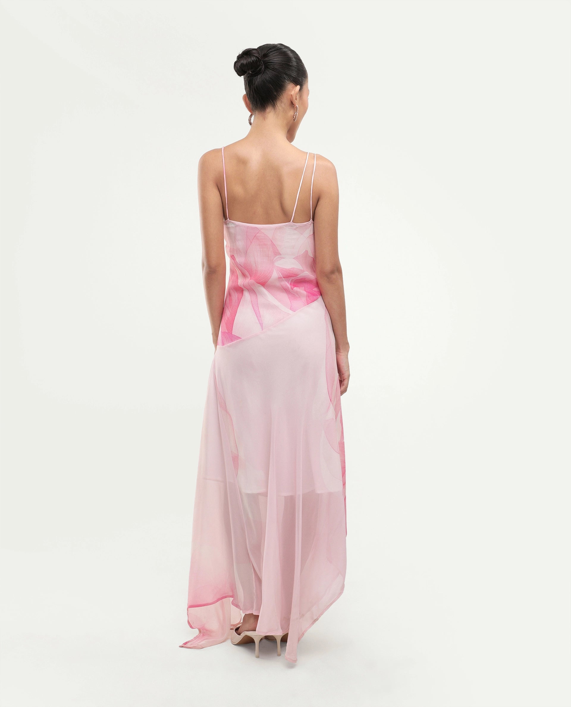 Rareism Women's Minzo Light Pink Viscose Sleeveless One Shoulder Asymmetric Floral Print Dress