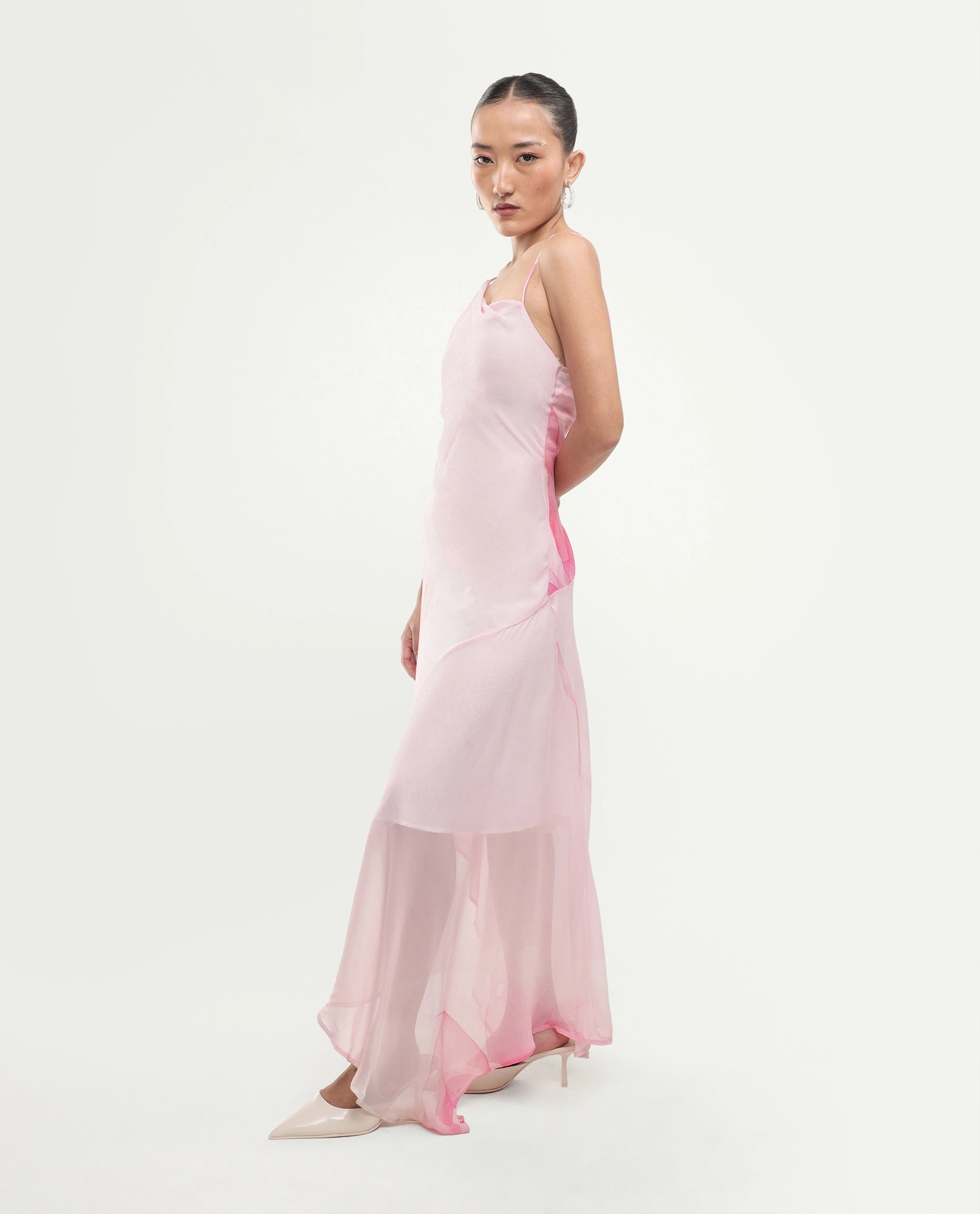 Rareism Women's Minzo Light Pink Viscose Sleeveless One Shoulder Asymmetric Floral Print Dress