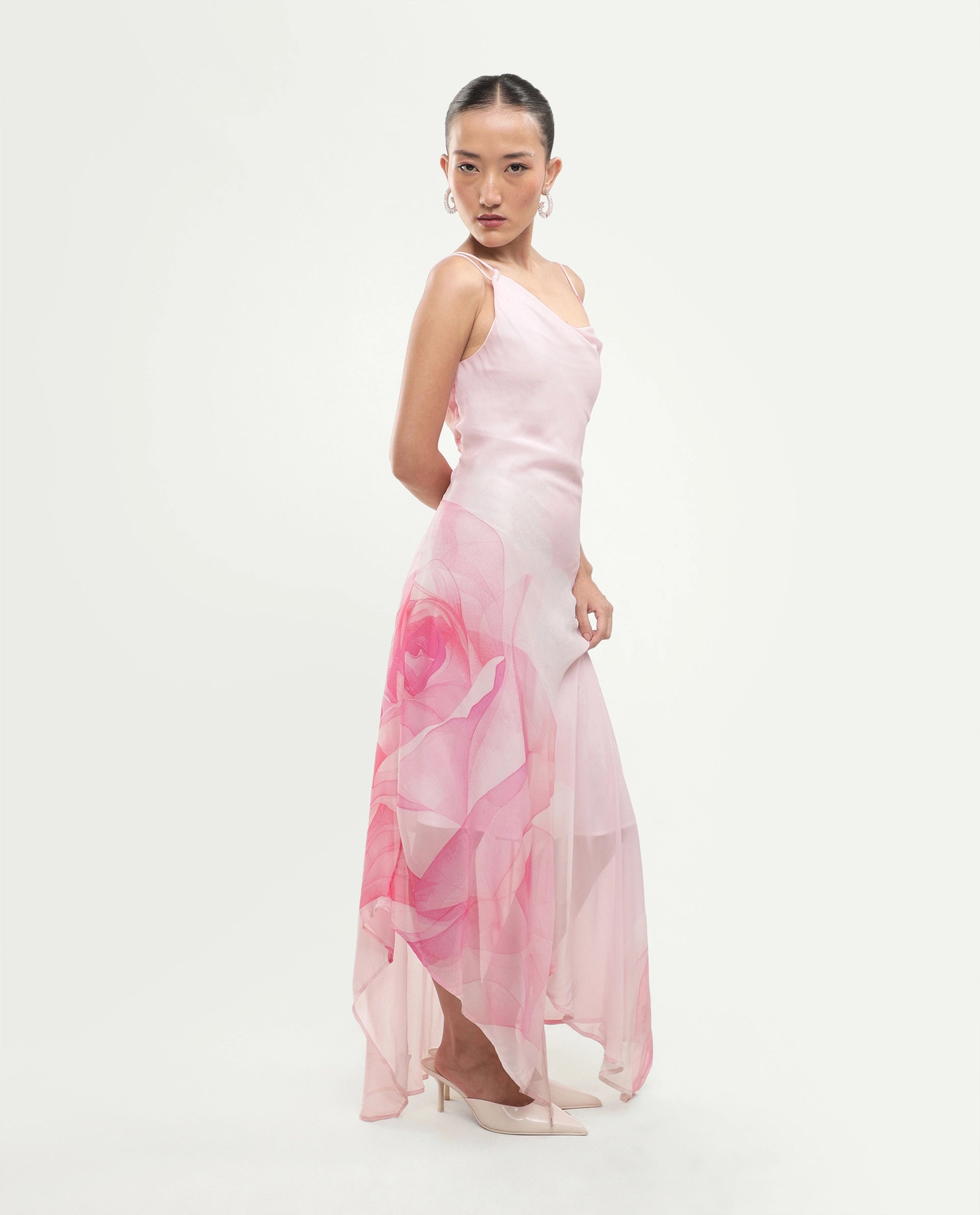 Rareism Women's Minzo Light Pink Viscose Sleeveless One Shoulder Asymmetric Floral Print Dress