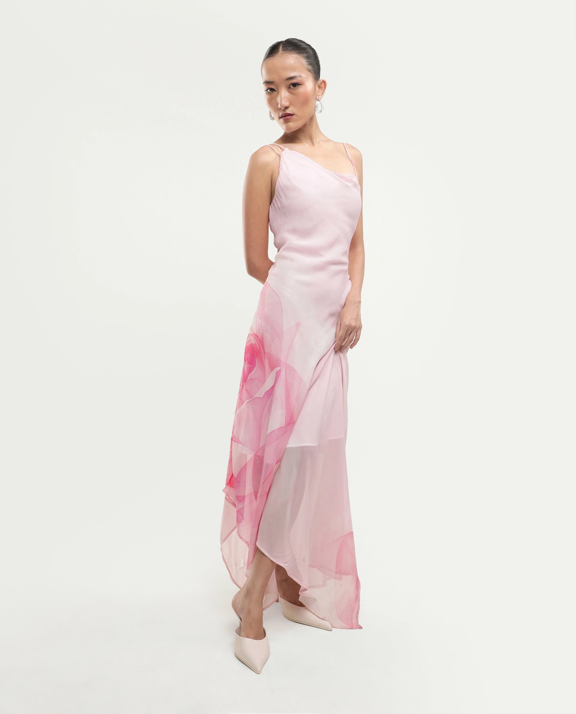 Rareism Women's Minzo Light Pink Viscose Sleeveless One Shoulder Asymmetric Floral Print Dress