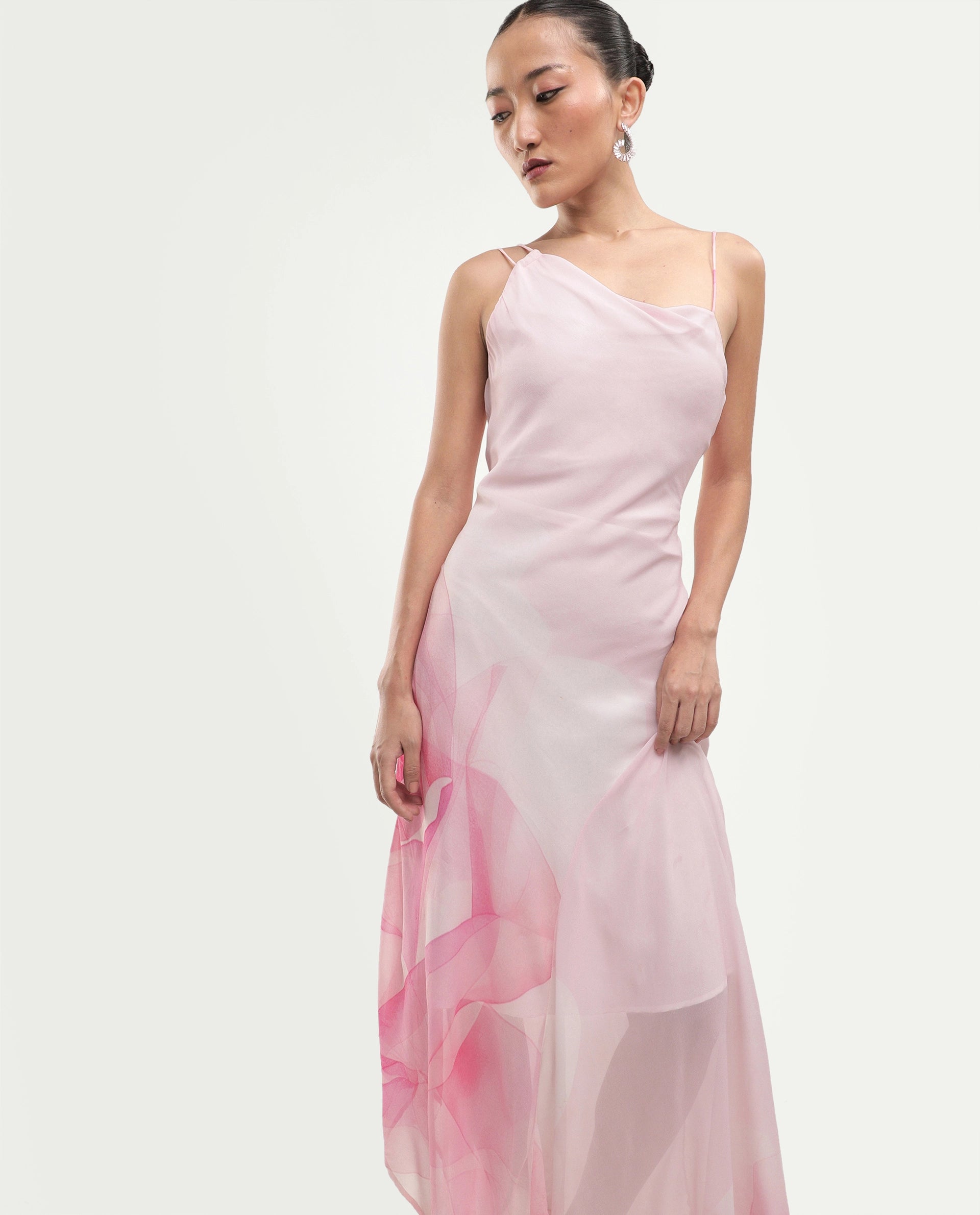 Rareism Women's Minzo Light Pink Viscose Sleeveless One Shoulder Asymmetric Floral Print Dress