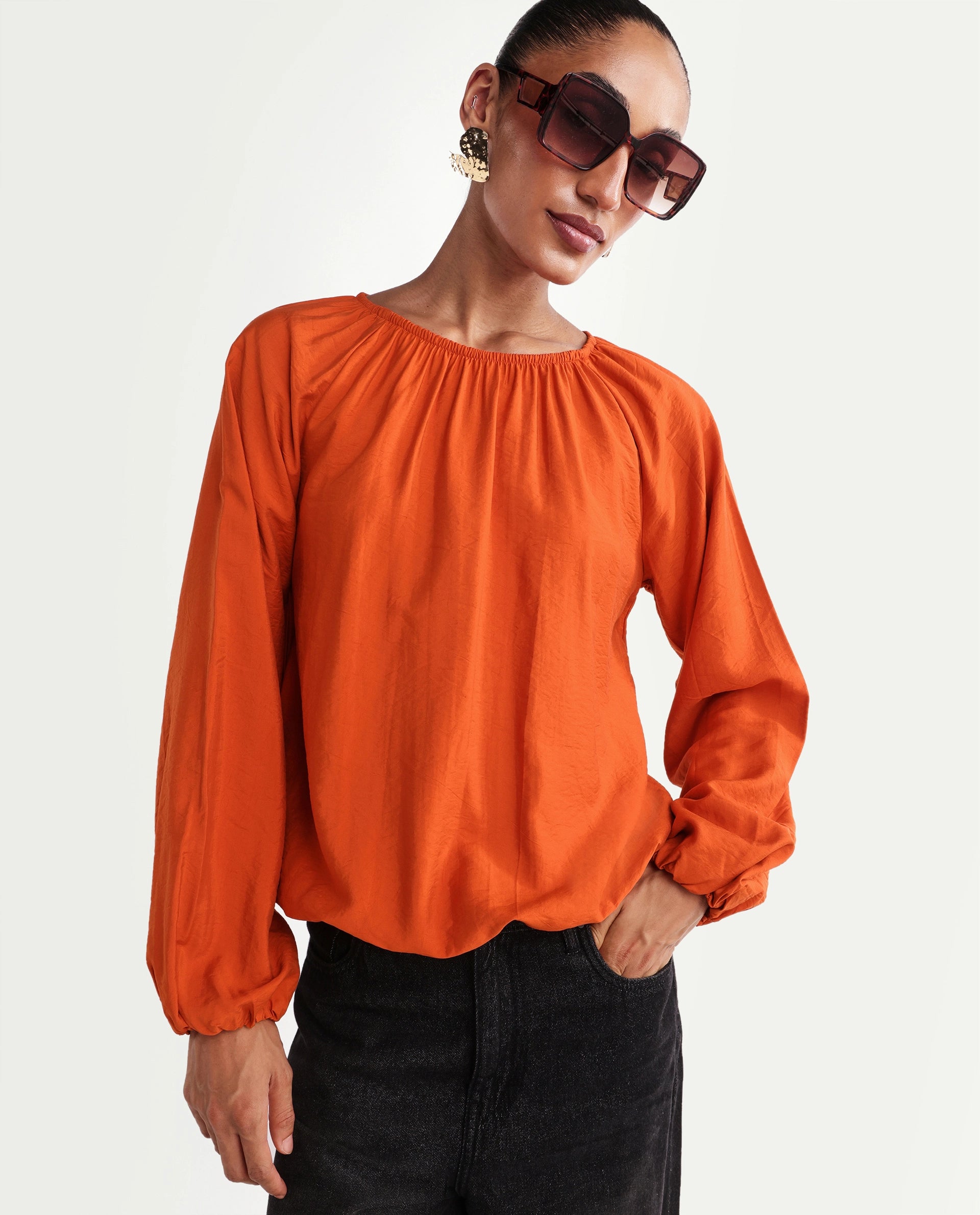 Rareism Women's Miro Rust Viscose Full Sleeve Crew Neck Regular Top