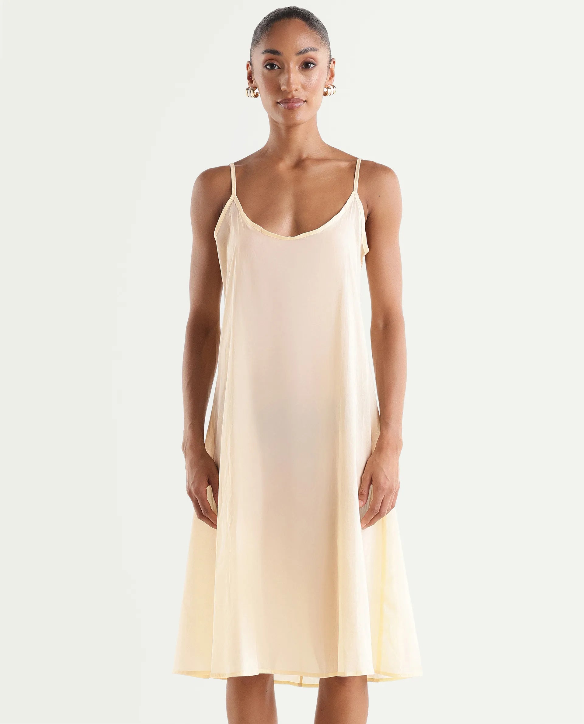Rareism Women's Misar Light Yellow Cotton Full Sleeve Spread Collar A-Line Dress