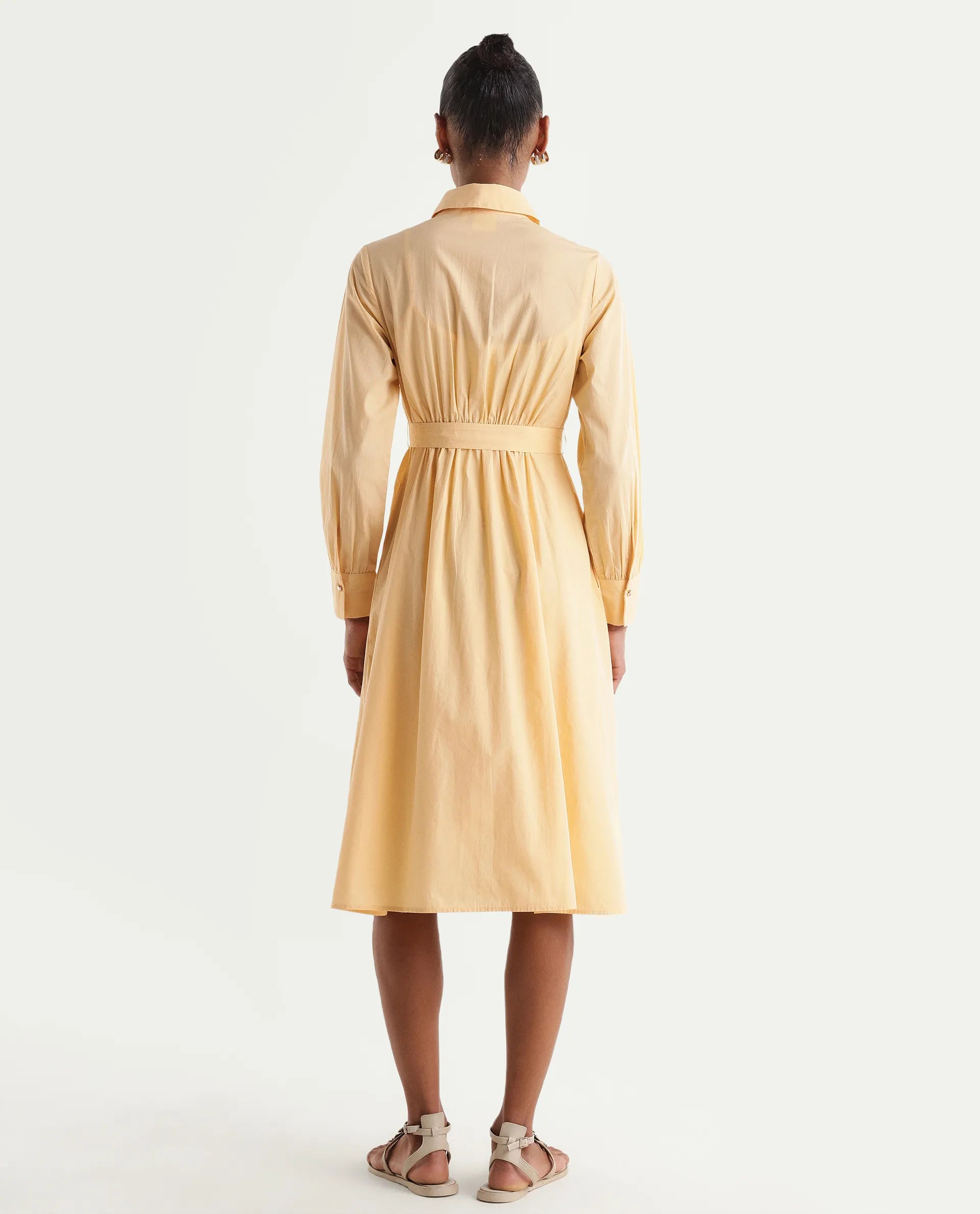 Rareism Women's Misar Light Yellow Cotton Full Sleeve Spread Collar A-Line Dress